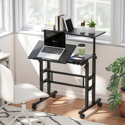 Mobile Stand Up Desk, Height and Angle Adjustable with Wheels, Black