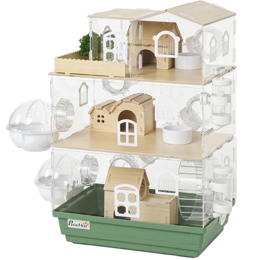 Large Hamster Cage, 3 Tiers Acrylic Hamster Habitat with Water Bottles, Running Wheel for Pet Mice, Dwarf Hamster Hamster Cages Green, Transparent, Natural Wood at Gallery Canada