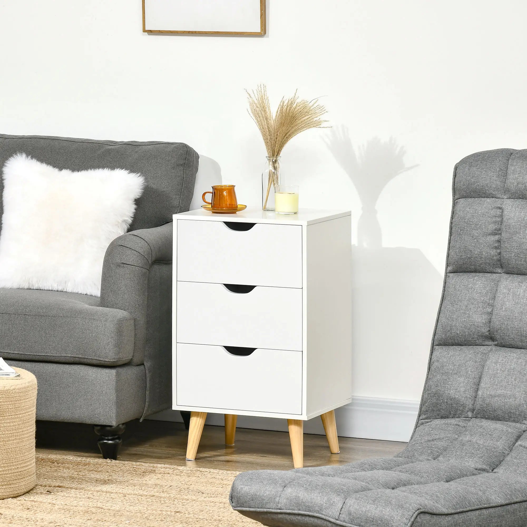 Modern Nightstand, 3 Drawers, Wood Legs, White Bedside Tables at Gallery Canada