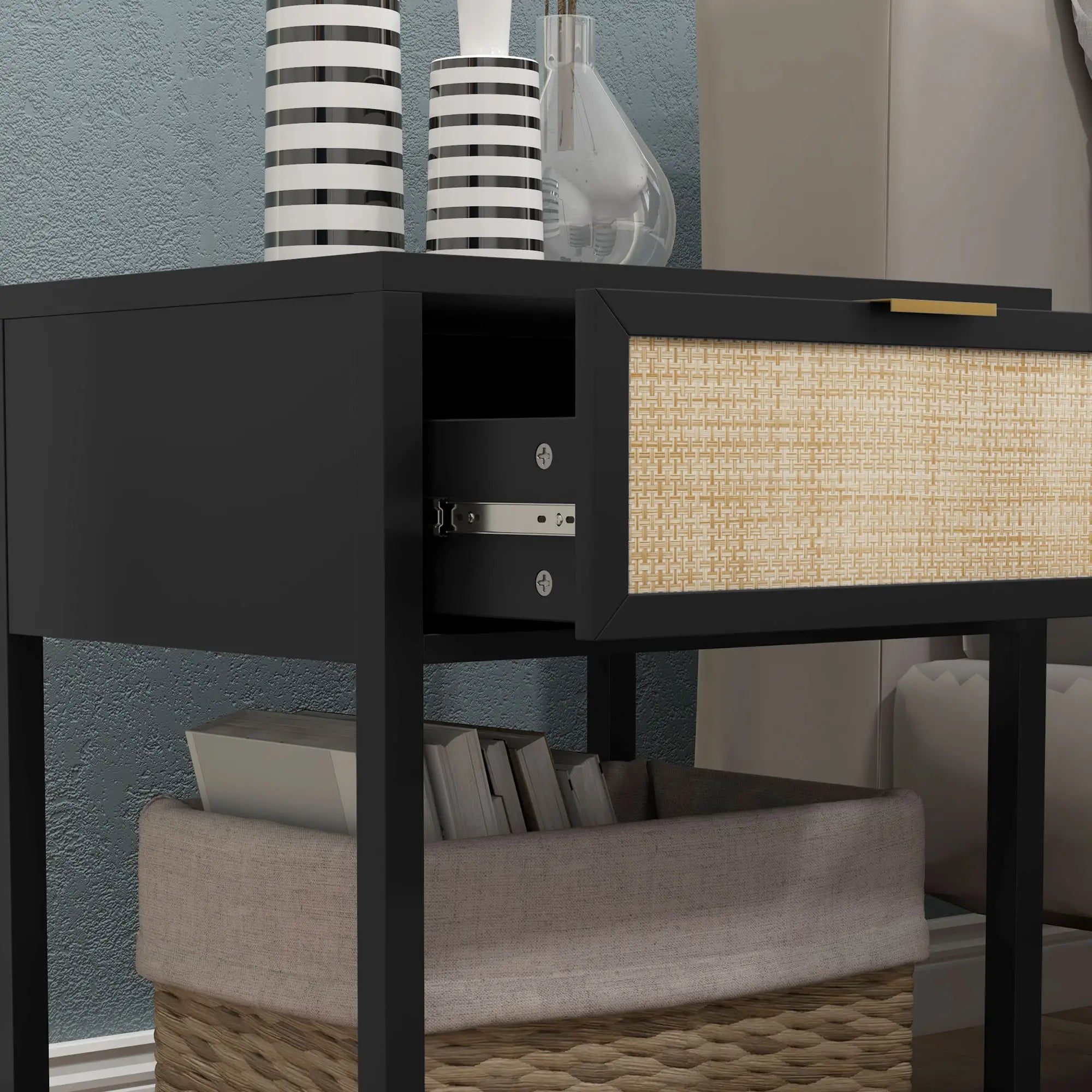 Boho Nightstand, Rattan Drawer, Open Shelf, Bedside Table, Black Bedside Tables at Gallery Canada