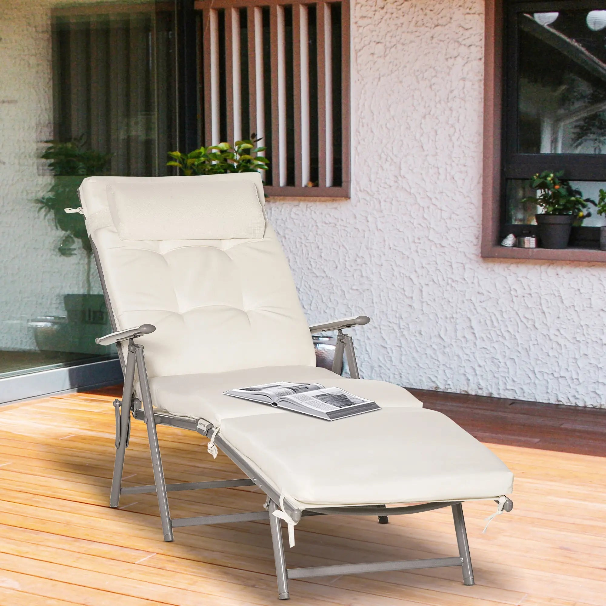 Outdoor Folding Chaise Lounge, Adjustable Backrest, Cream White Lounger Chairs at Gallery Canada