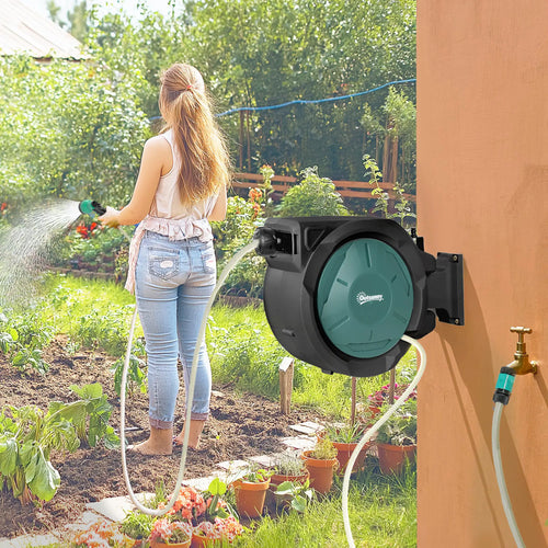 1/2 in x 65ft Wall Mounted Garden Hose Reel, Auto Rewind, Blue