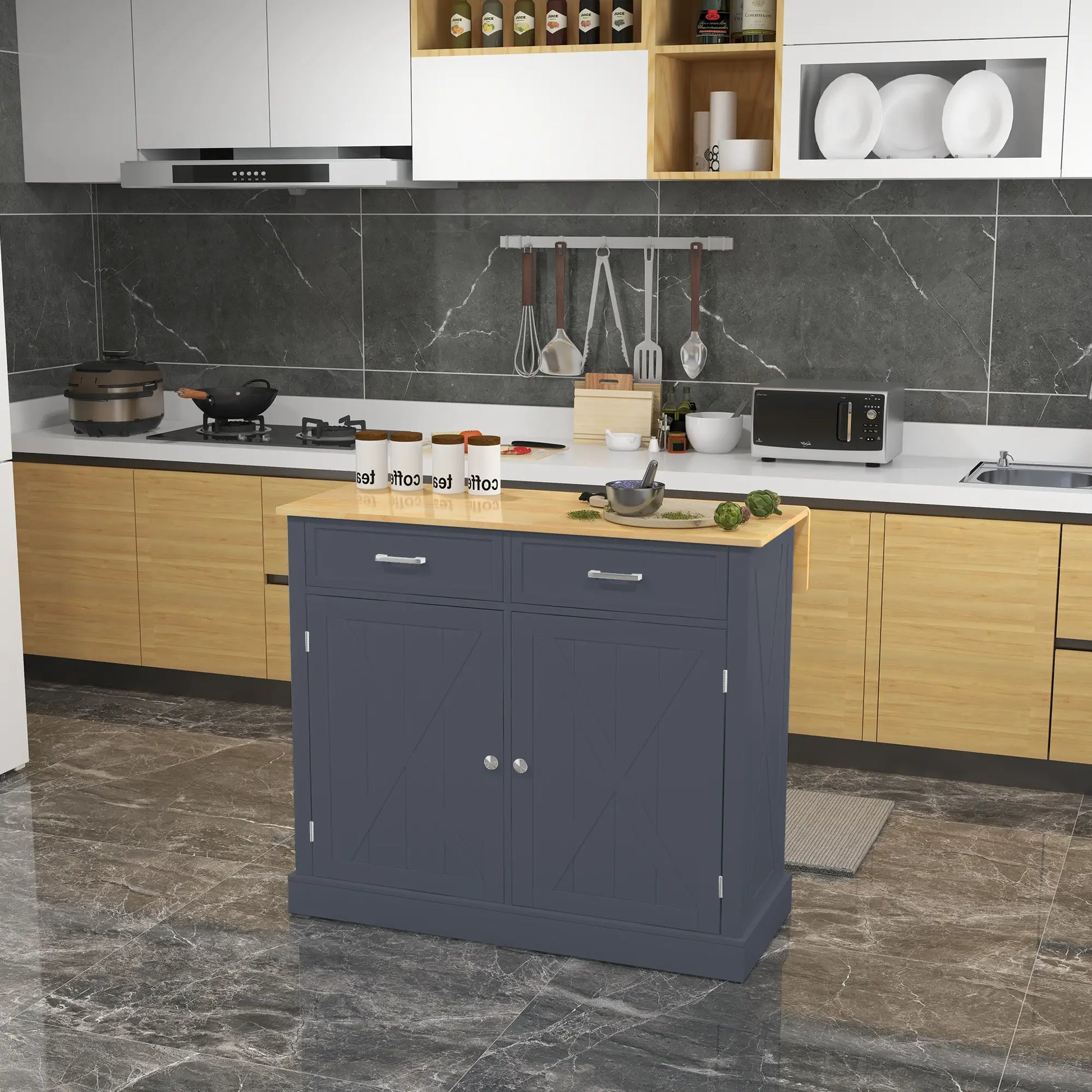 Kitchen Island with Drop Leaf, 2 Drawers, Adjustable Shelves, Dark Grey Kitchen Islands & Kitchen Carts at Gallery Canada