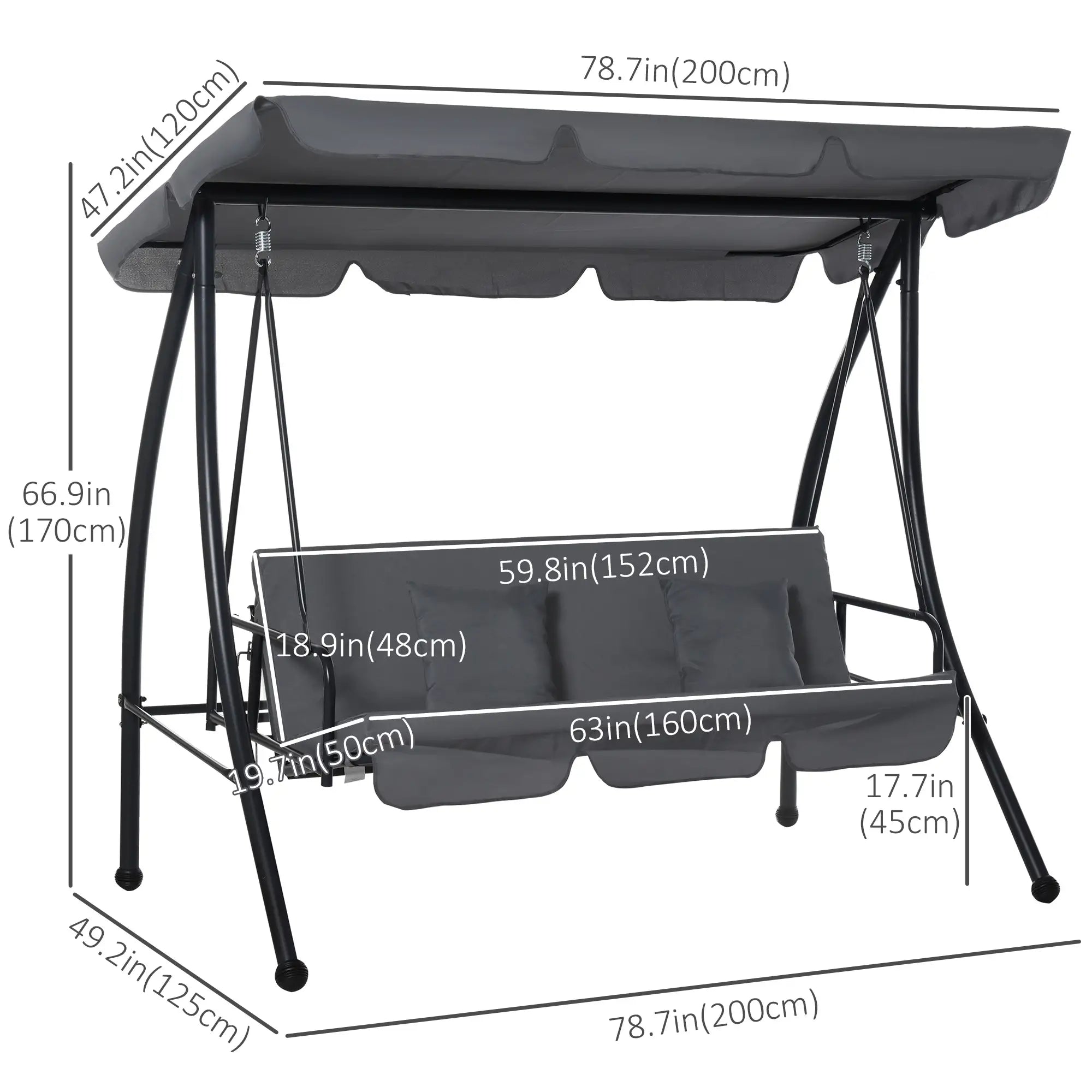 3 Person Patio Swing Chair, Convertible Hammock, Dark Grey Patio Swings with Stand at Gallery Canada