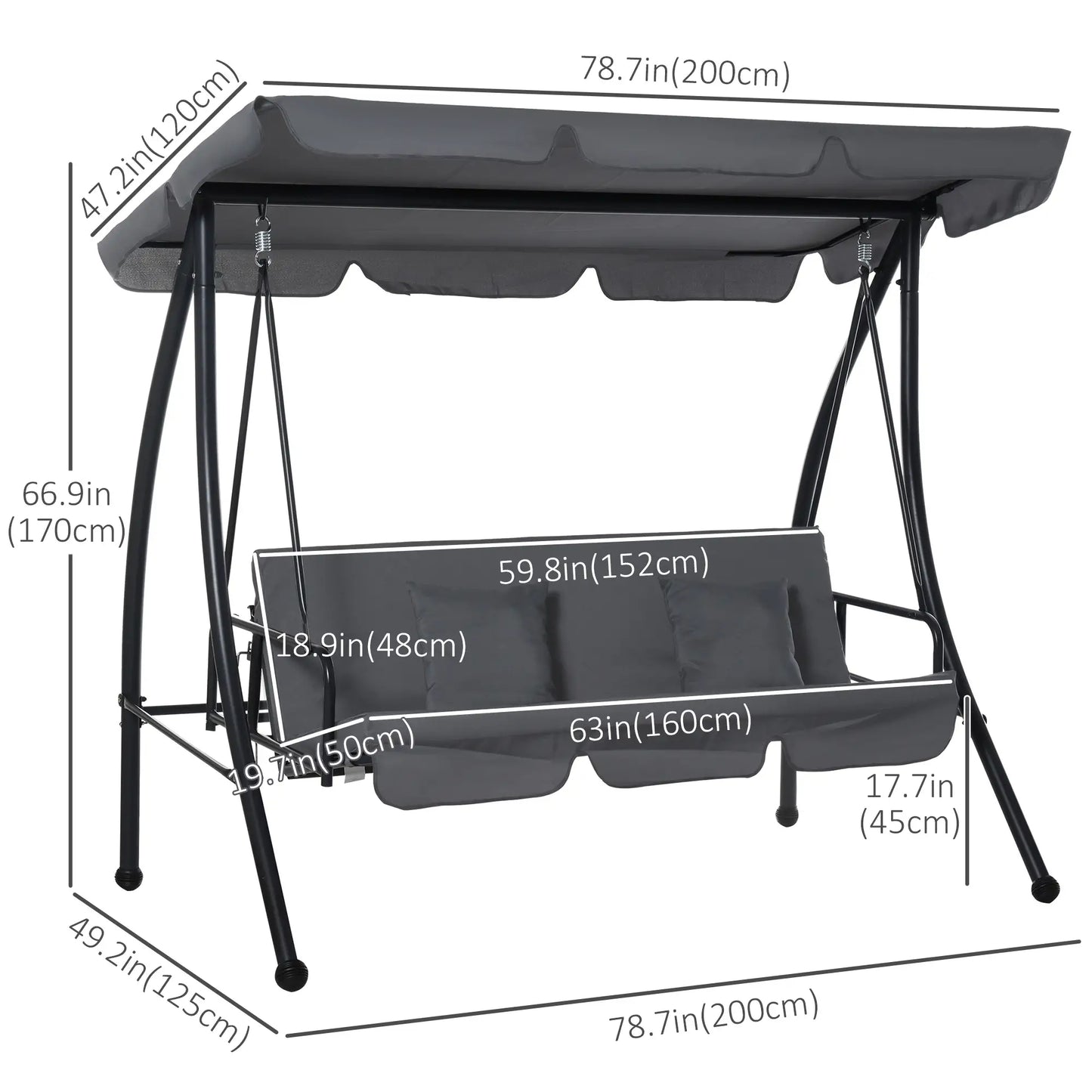 3 Person Patio Swing Chair, Convertible Hammock, Dark Grey Patio Swings with Stand at Gallery Canada