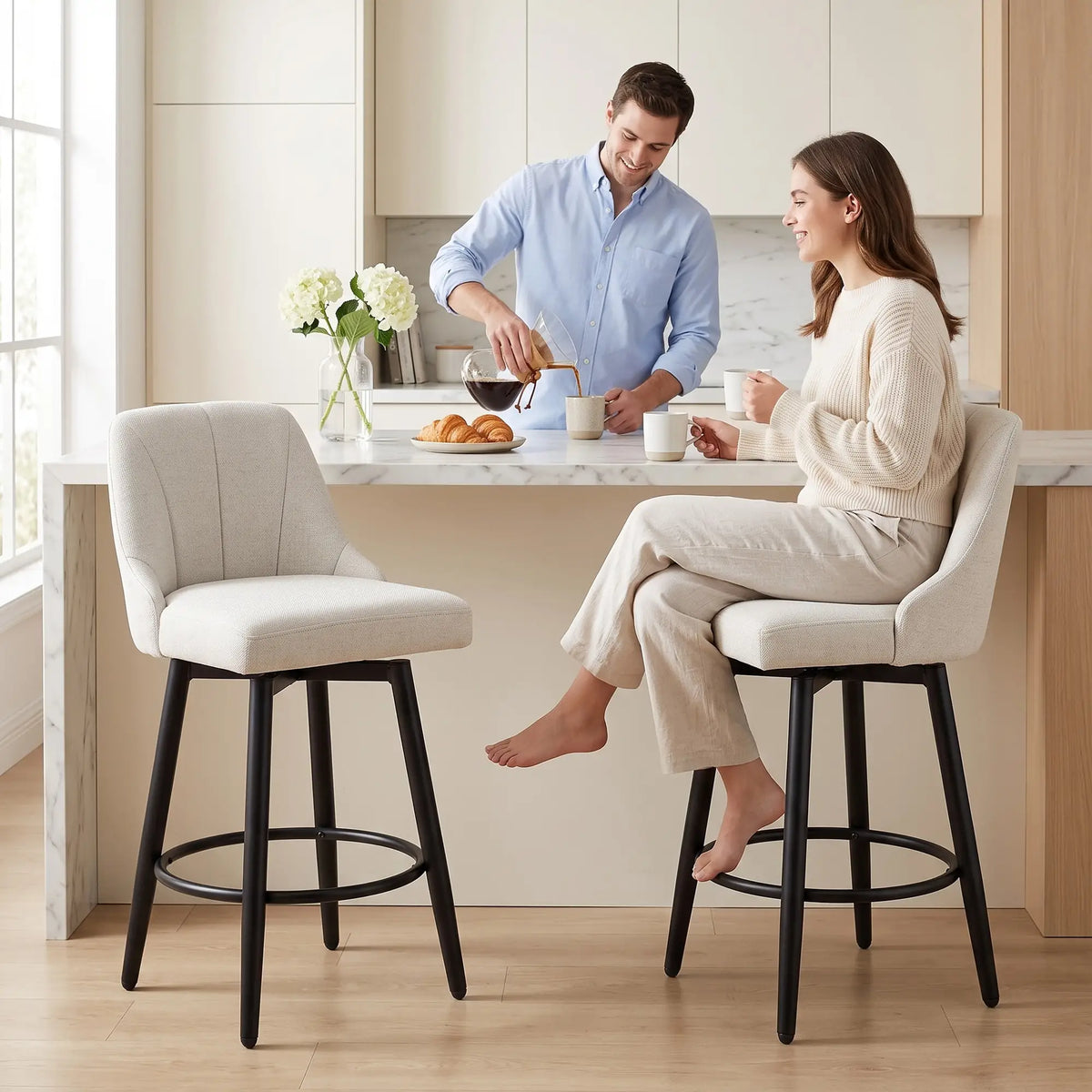 Swivel Bar Stools Set of 2, Cream White