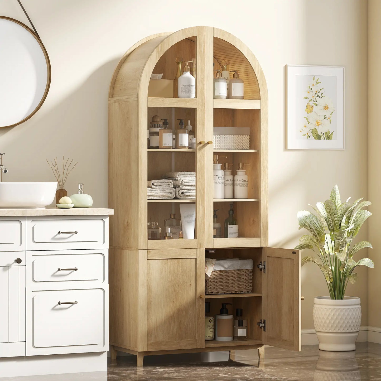 71" Tall Arched Kitchen Pantry Cabinet, Adjustable Shelves, Acrylic Doors, Oak Kitchen Pantry Cabinets at Gallery Canada