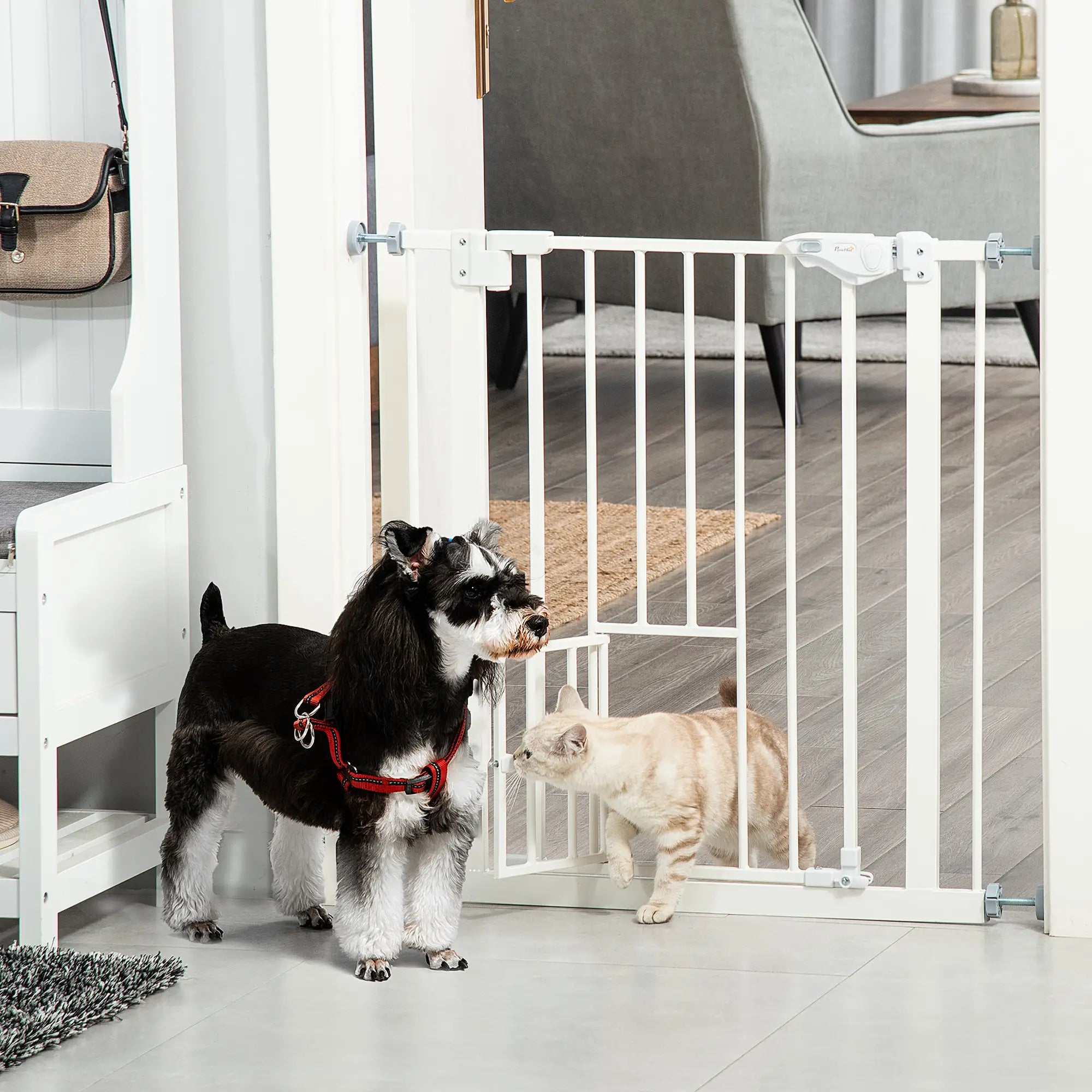 Extra Wide Pet Gate With Cat Door, Auto Closing, 29-32 Inch, White Houses, Kennels & Pens at Gallery Canada