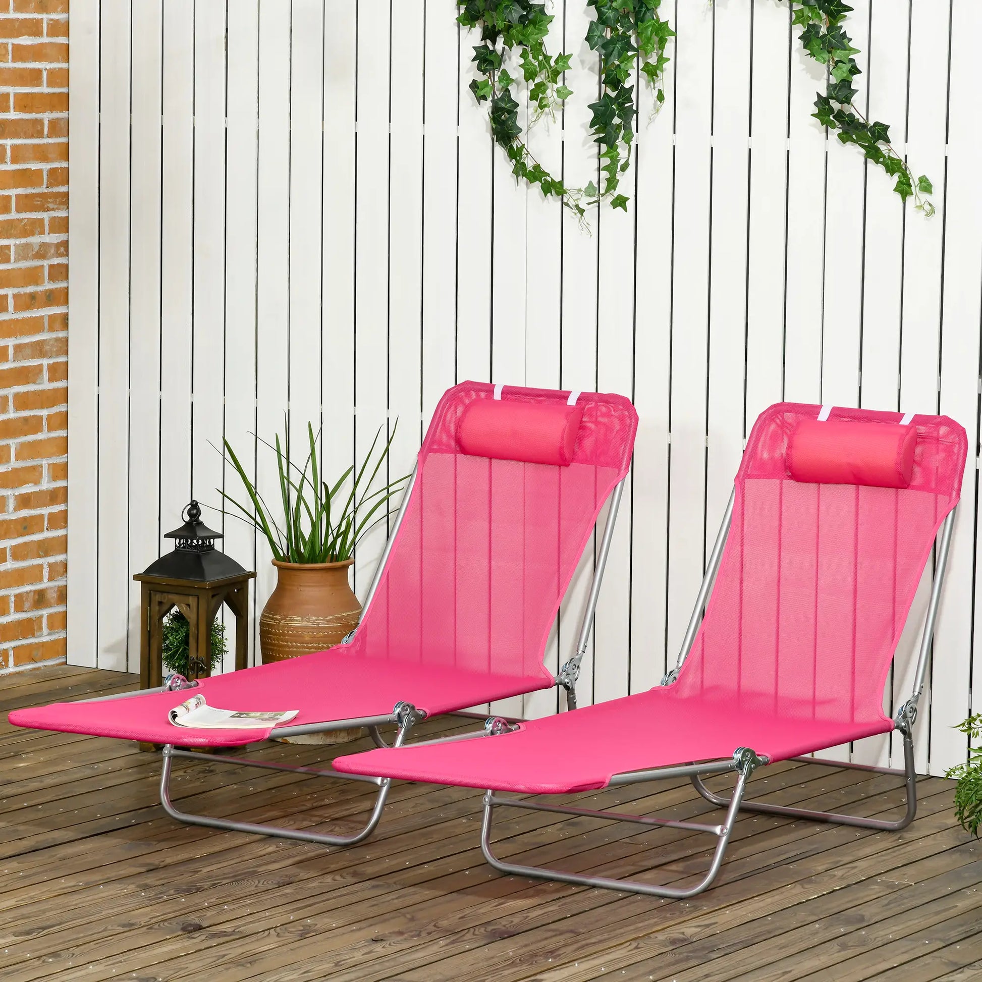 Set of 2 Folding Chaise Lounge Chairs, Outdoor, Reclining, Pink Lounger Chairs at Gallery Canada