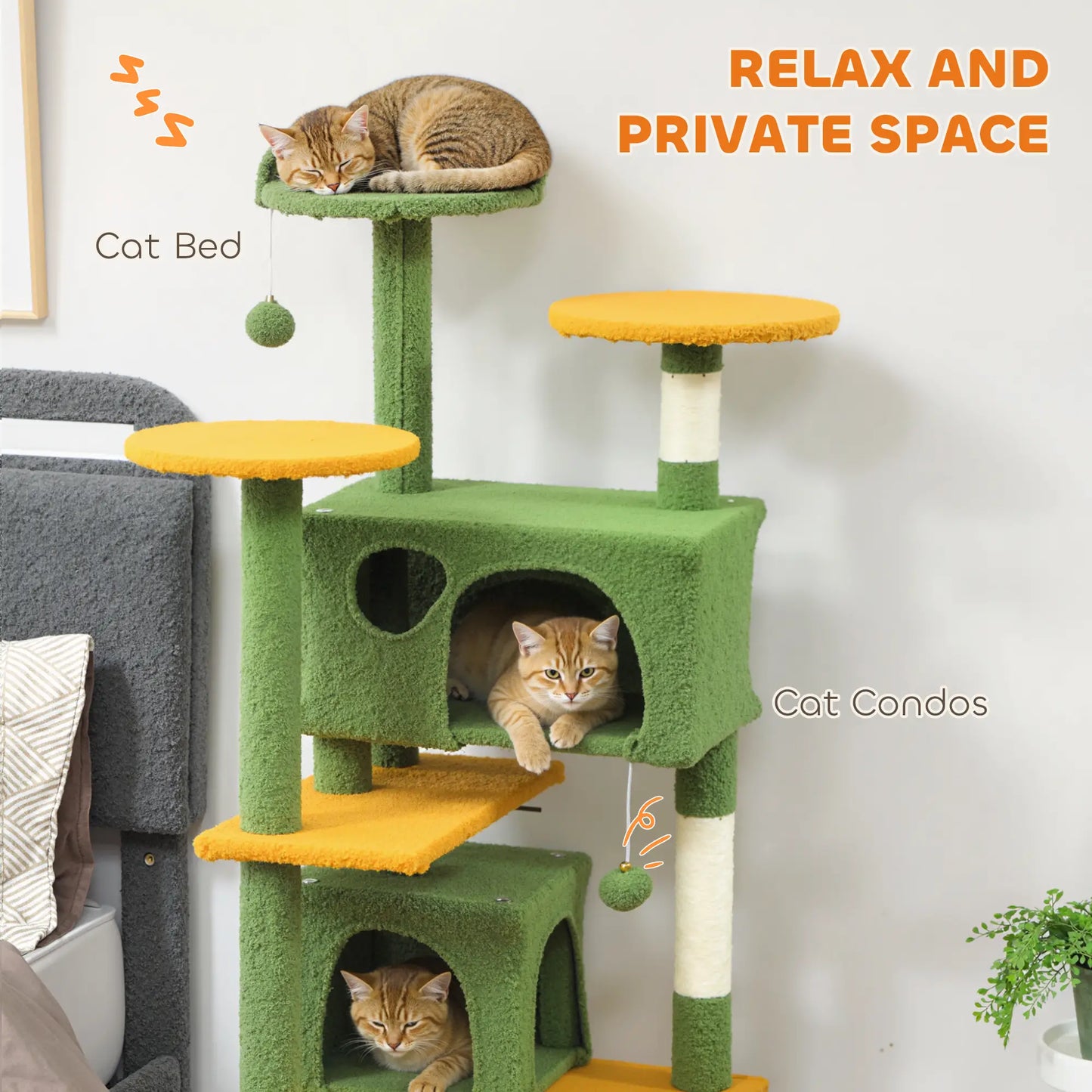 54" Cat Tree, Multi-Level Tower With Scratching Posts, Condos, Bed, Green
