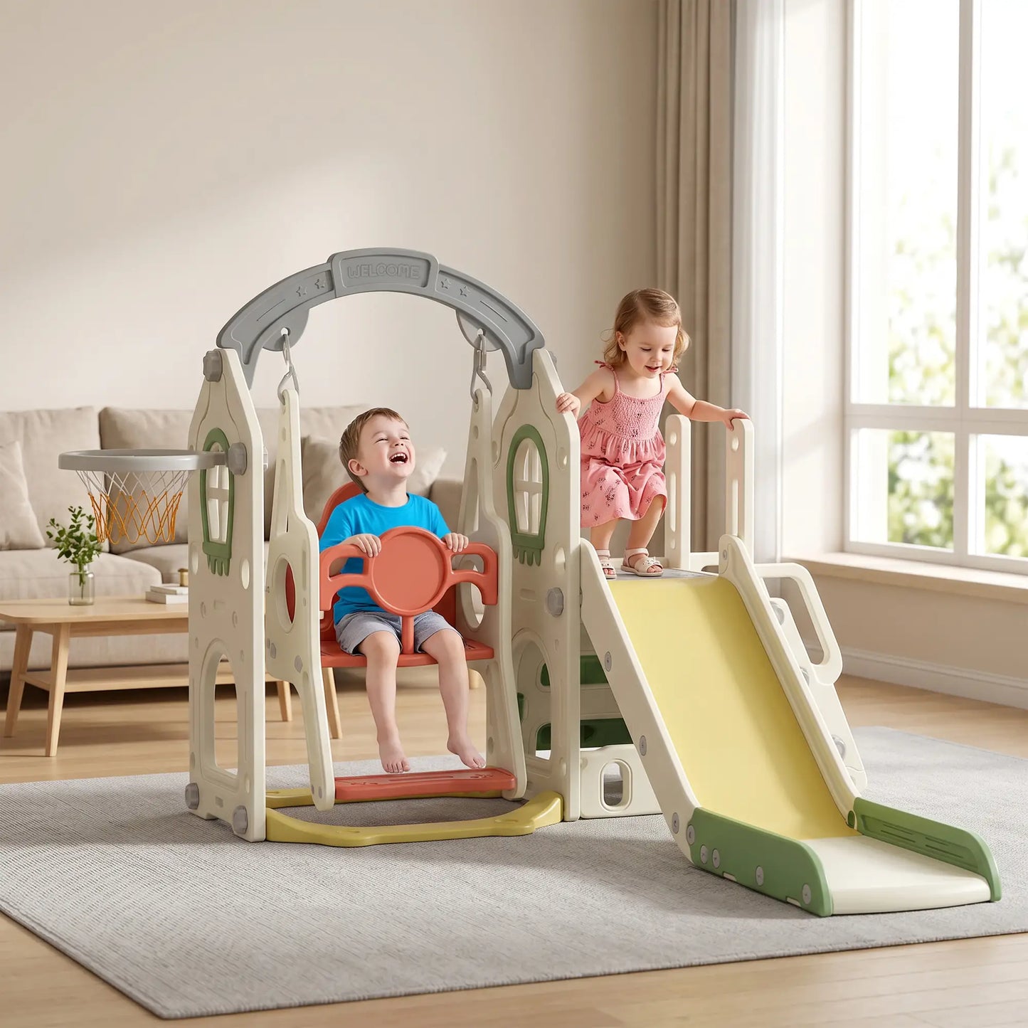 Ensemble de toboggan et balançoire pour tout-petits 5-en-1 avec siège réglable, crème