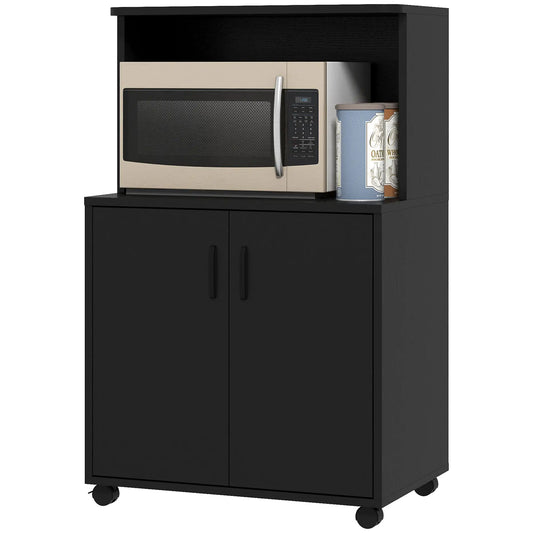 Microwave Cart on Wheels, 2-Door Cabinet, Black Wood Grain, Black Kitchen Pantry Cabinets Black Wood Grain at Gallery Canada