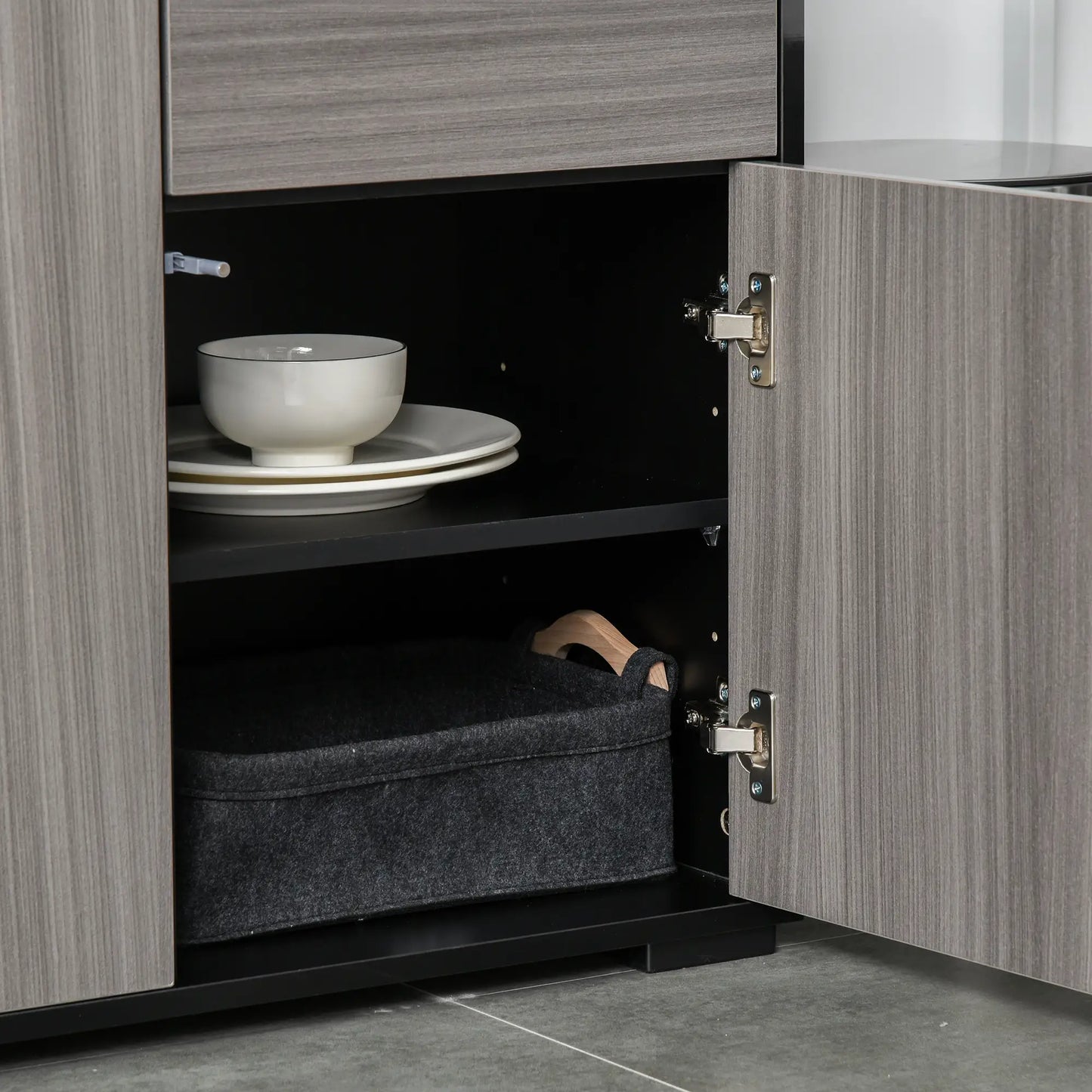 High Gloss Buffet Sideboard, 2 Drawers, 2 Doors, Adjustable Shelf, Kitchen Cabinet, Grey Black