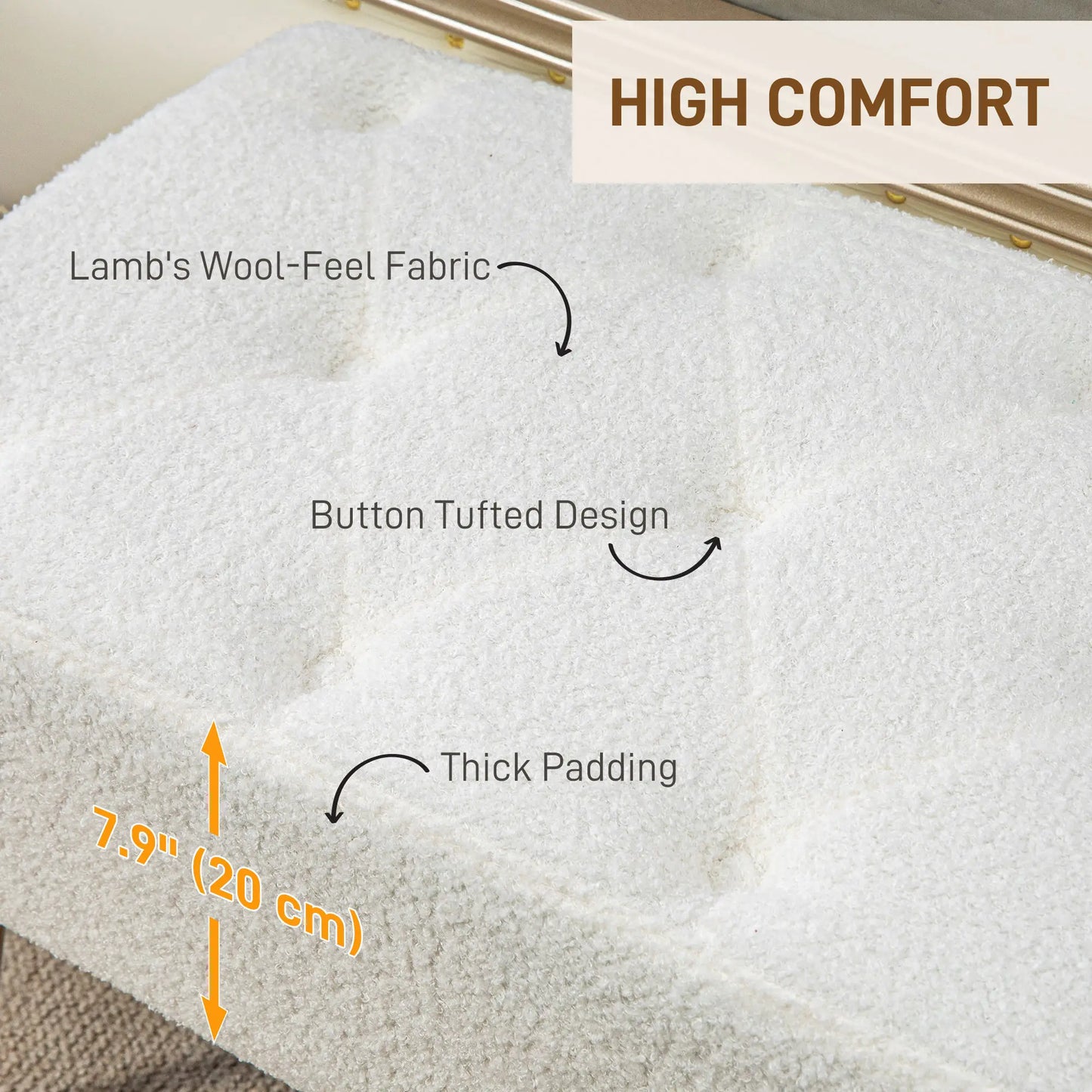 44" Lamb's Wool Upholstered Bedroom Bench, Thick Padded Cushion, Cream White Storage Ottomans & Benches at Gallery Canada