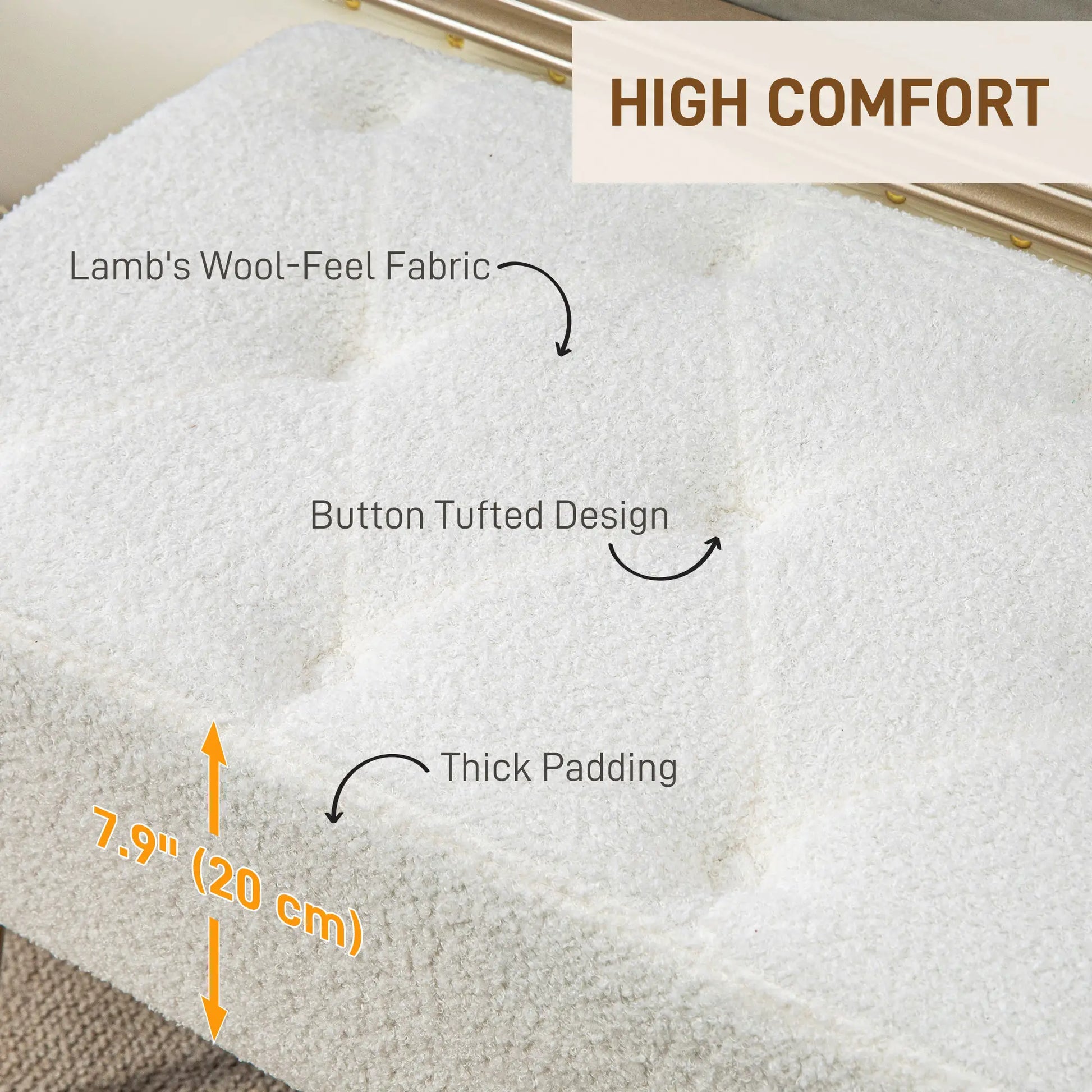 44" Lamb's Wool Upholstered Bedroom Bench, Thick Padded Cushion, Cream White Storage Ottomans & Benches at Gallery Canada