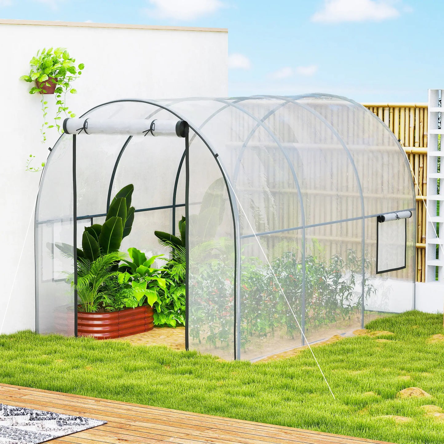 Polytunnel Greenhouse, Roll-Up Door, Mesh Window, 3 x 2 x 2 m, Clear