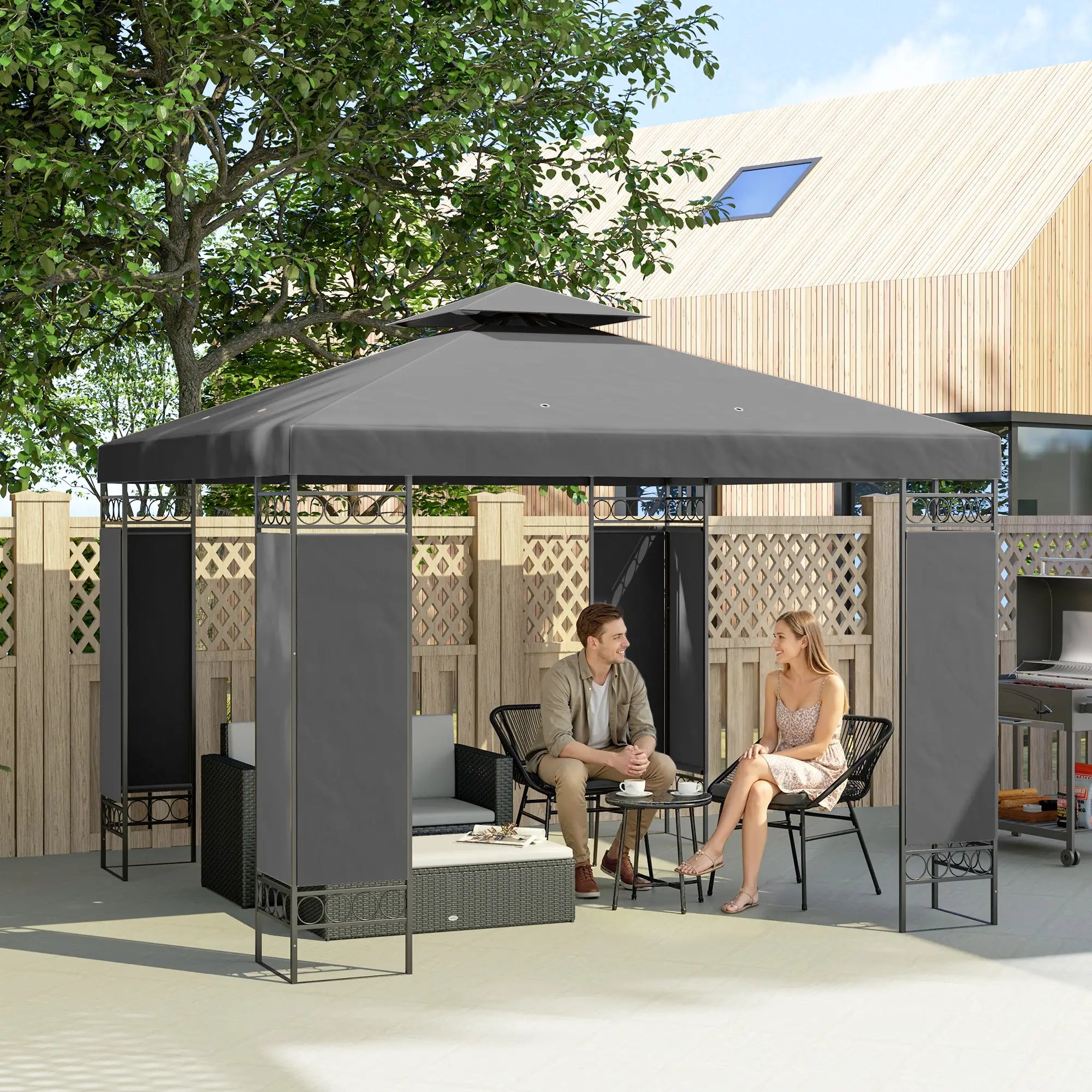 10 x 10 FT Canopy Gazebo, Double Roof With Screen Panels, Dark Grey Gazebos at Gallery Canada
