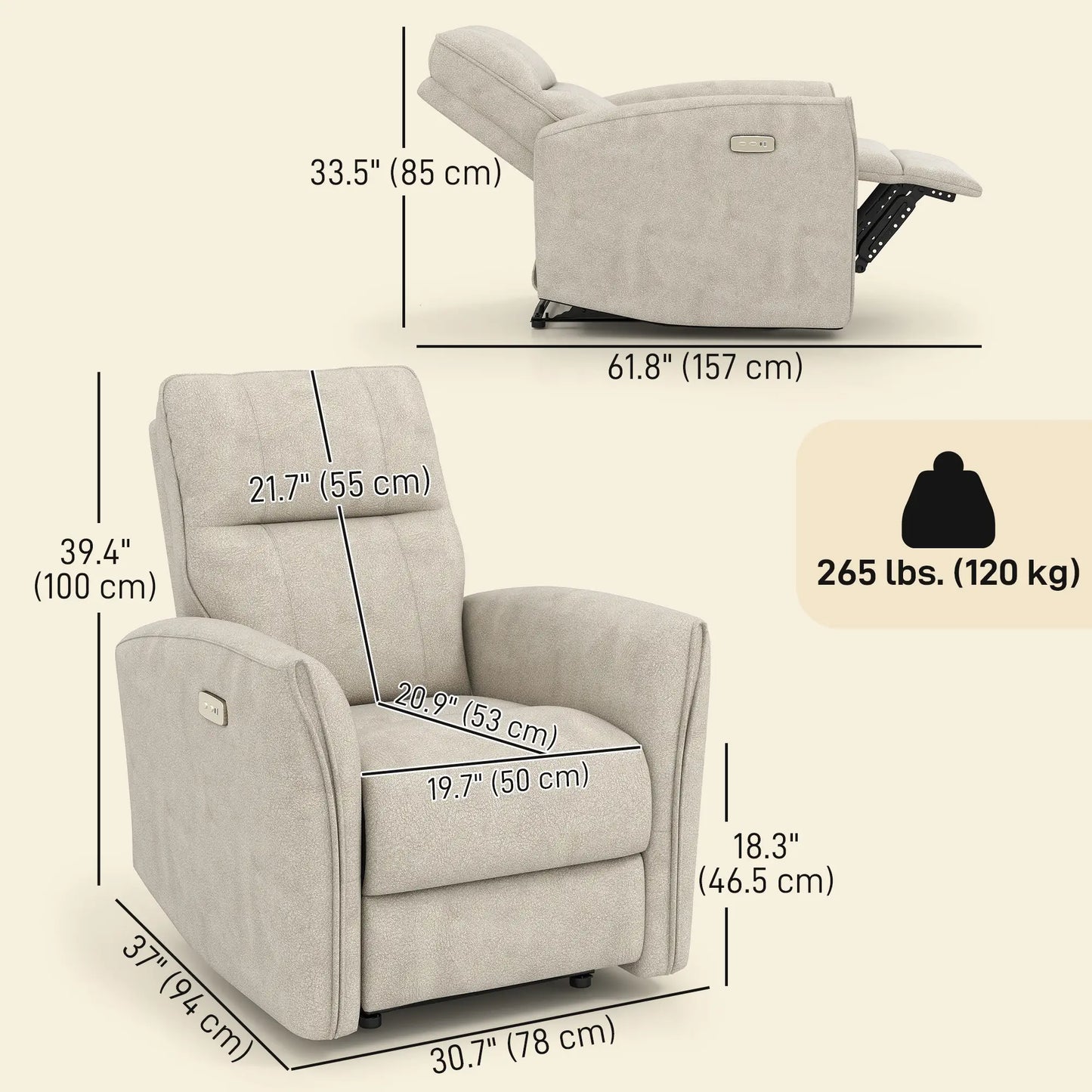Power Recliner Chair, Fabric Upholstered, USB Ports, Footrest, Beige Sofas & Reclining Chairs at Gallery Canada