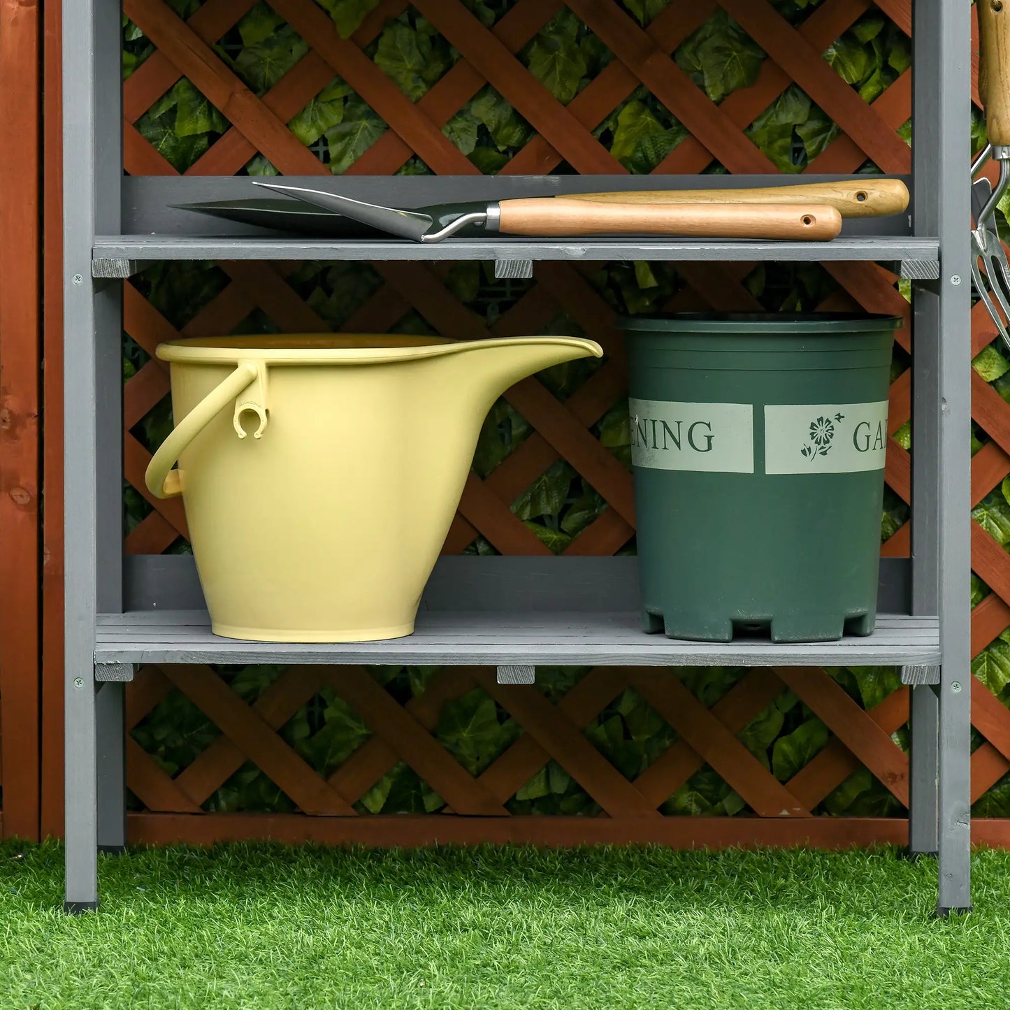 Outdoor Garden Wooden Potting Bench, Work Table w/ Hooks, Grey Potting Benches & Tables at Gallery Canada