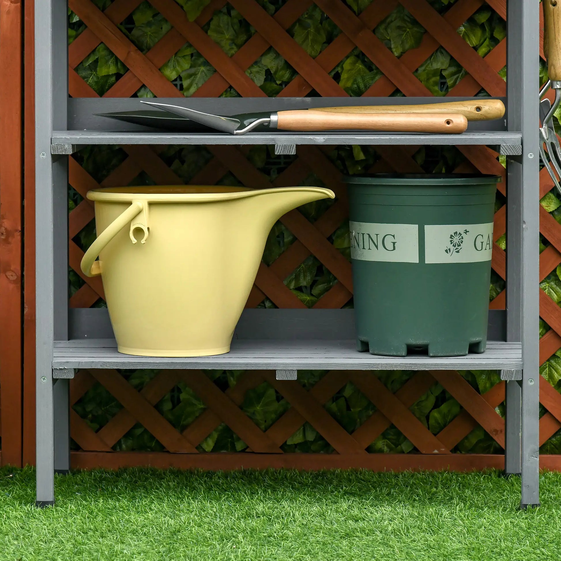 Outdoor Garden Wooden Potting Bench, Work Table w/ Hooks, Grey Potting Benches & Tables at Gallery Canada