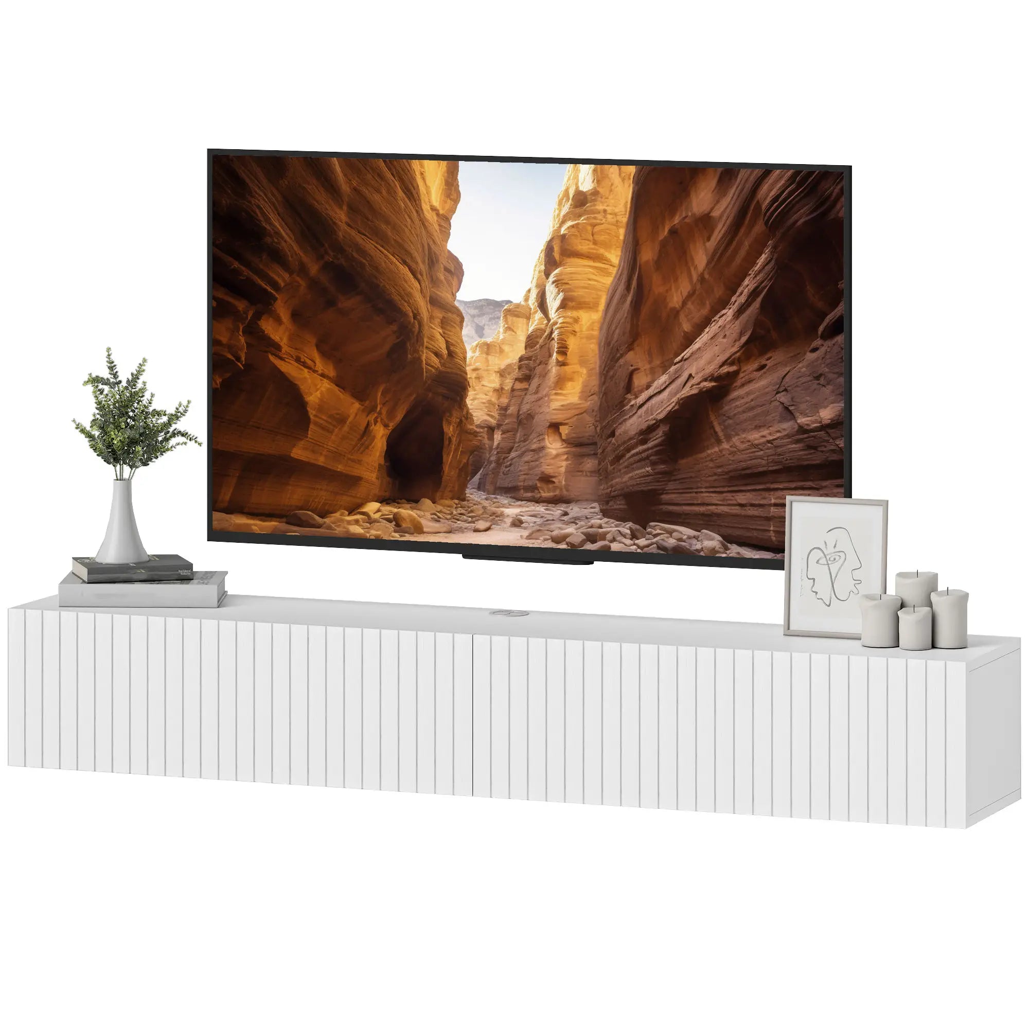 55 Inch Floating TV Stand, Wall Mount Media Console, 2 Fluted Doors, White TV Stands White at Gallery Canada