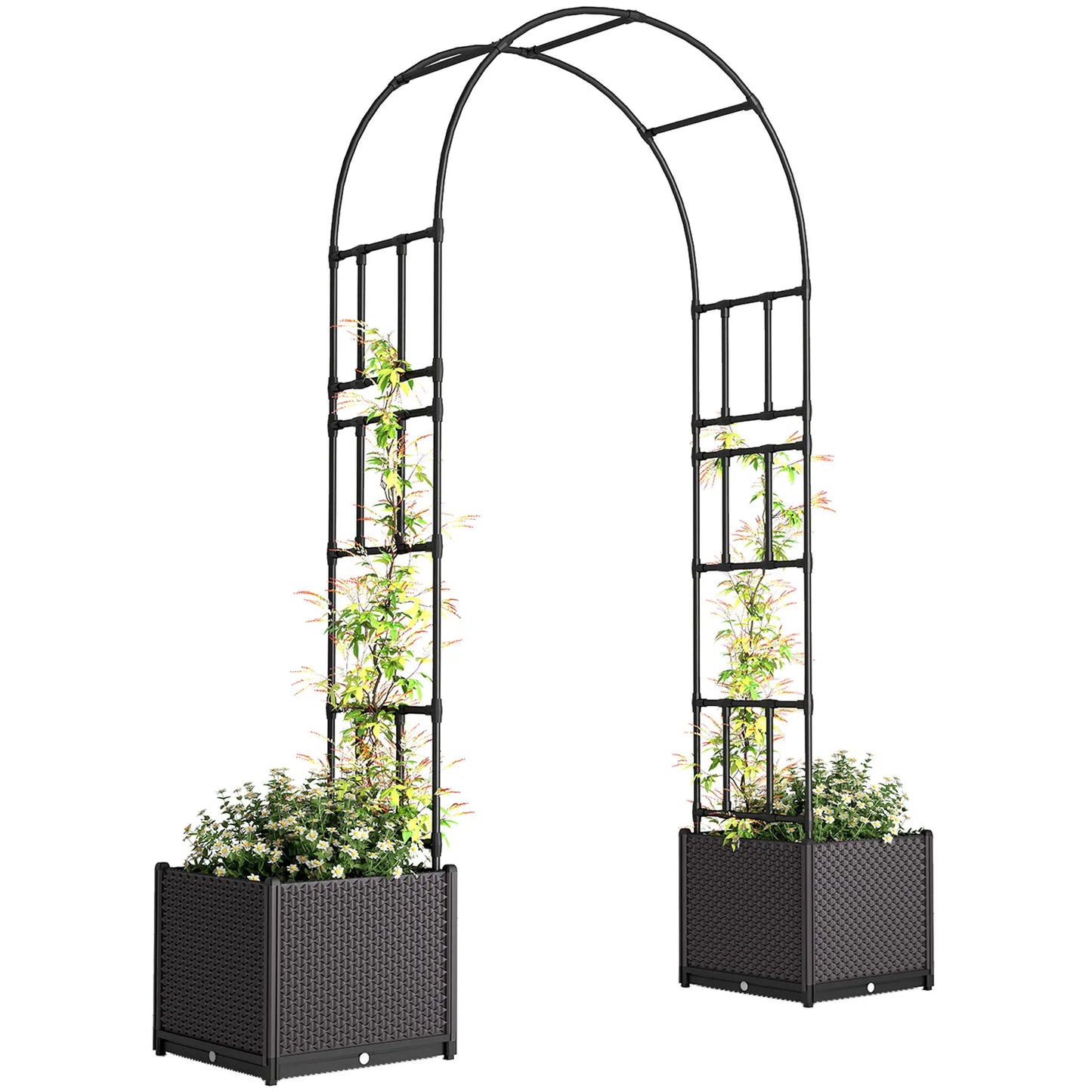 8ft Garden Arch with Planters, Steel Trellis Arbor, Brown, Black Garden Arches Brown Planter, Black Frame at Gallery Canada