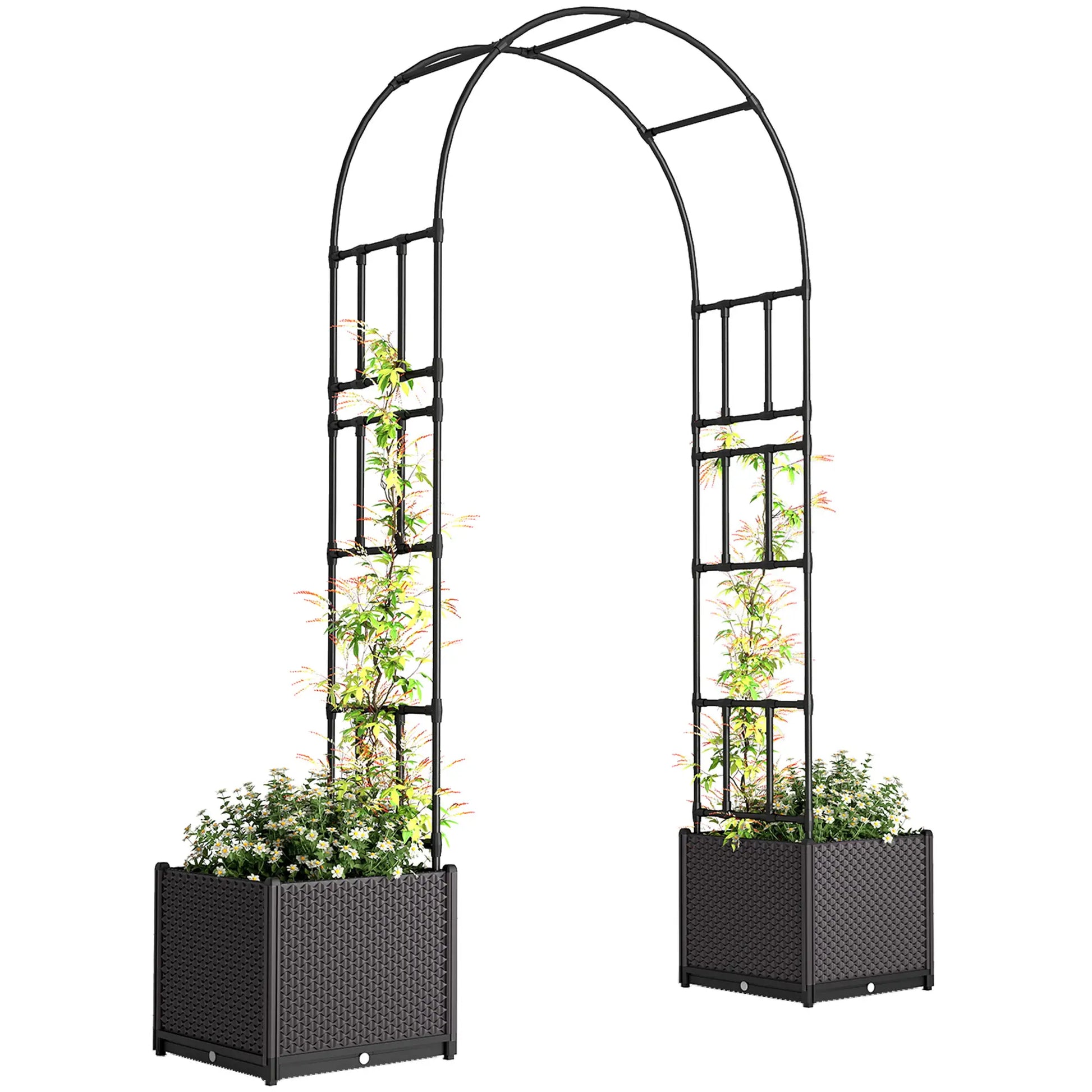8ft Garden Arch with Planters, Steel Trellis Arbor, Brown, Black Garden Arches Brown Planter, Black Frame at Gallery Canada