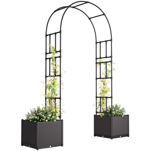 8ft Garden Arch with Planters, Steel Trellis Arbor, Brown, Black