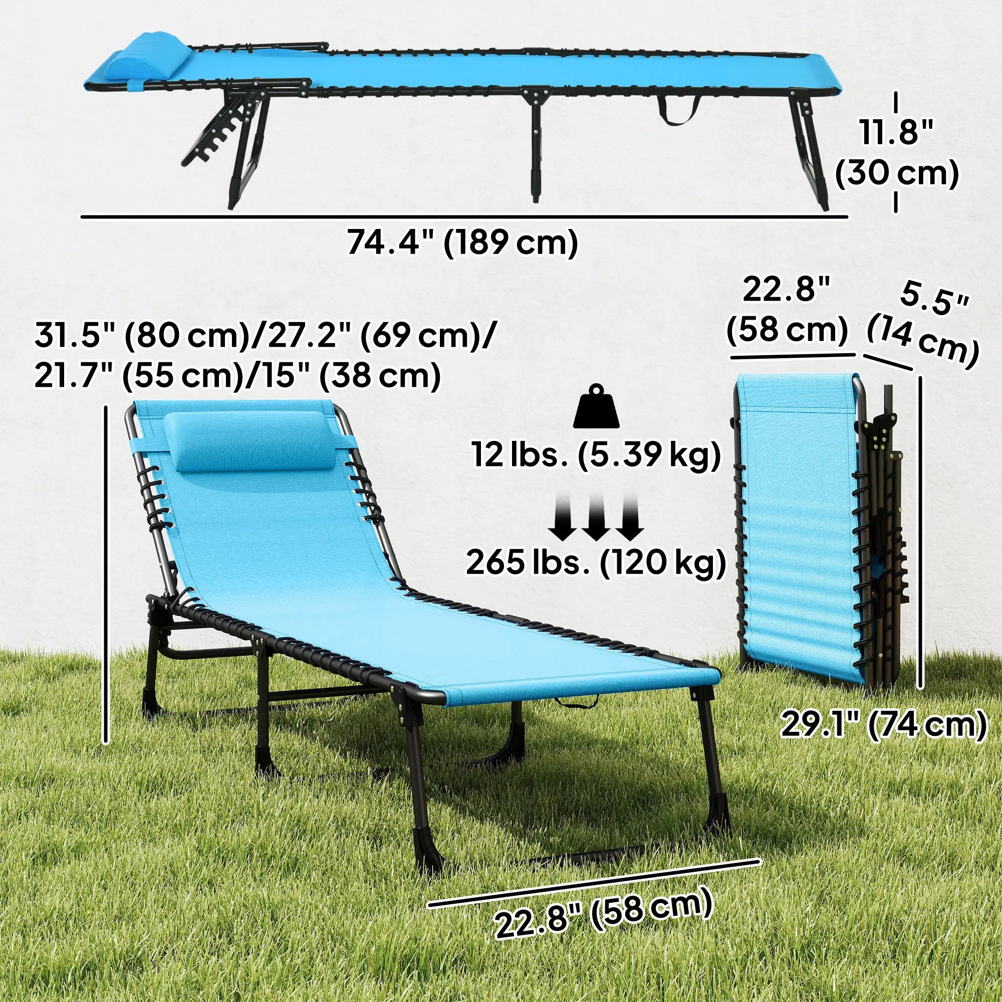 Outdoor Folding Lounge Chair, 4-Level Adjustable, Sky Blue Lounger Chairs at Gallery Canada