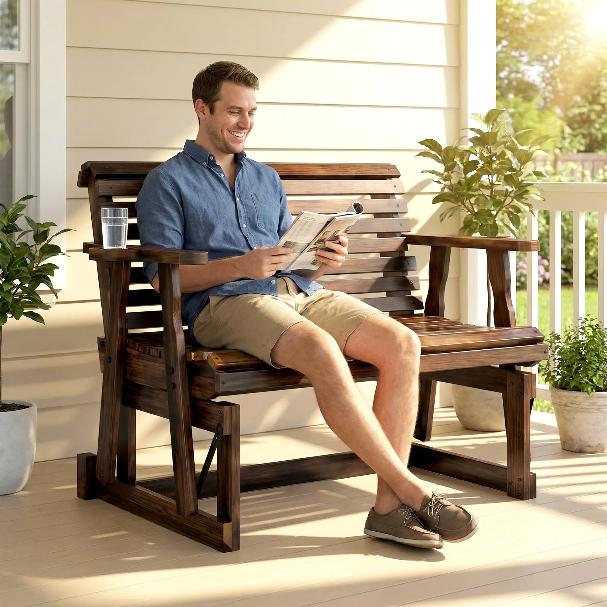 Outdoor Glider Bench, Wooden Glider Chair With 2 Cupholders Outdoor Gliders at Gallery Canada