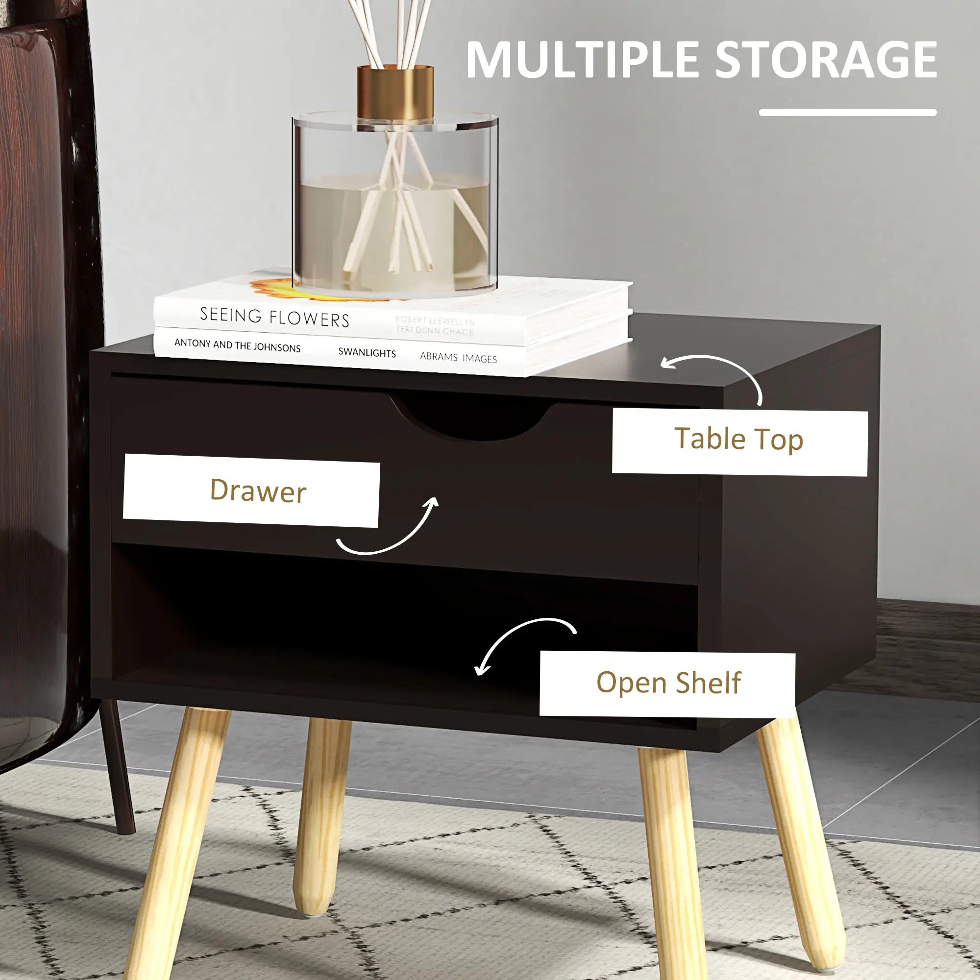 Set of 2 Nightstands with Storage Drawer and Shelf, Modern Bedside Table for Bedroom, Black Bedside Tables at Gallery Canada