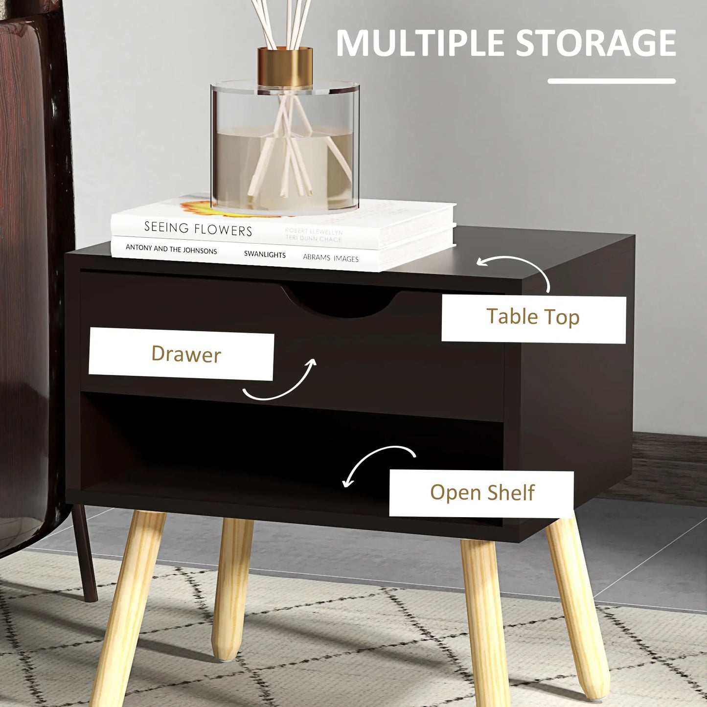 Set of 2 Nightstands with Storage Drawer and Shelf, Modern Bedside Table for Bedroom, Black Bedside Tables at Gallery Canada