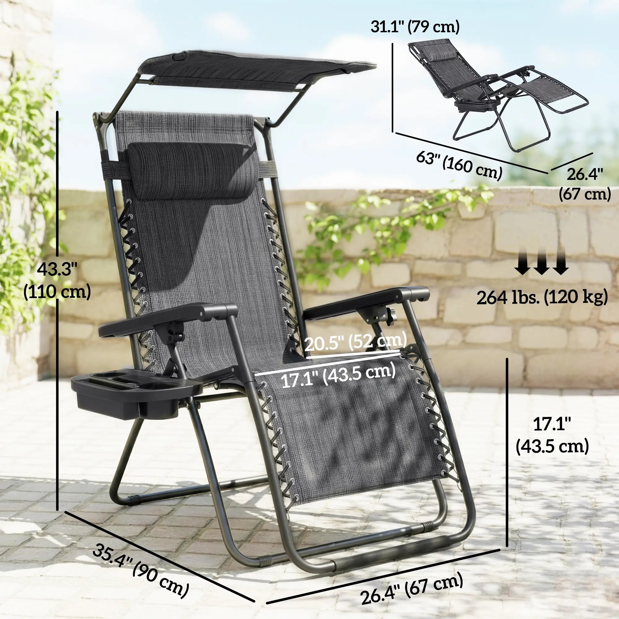 2 Piece Foldable Lounge Chair with Canopy, Outdoor Zero Gravity Chair, Dark Grey Lounger Chairs at Gallery Canada