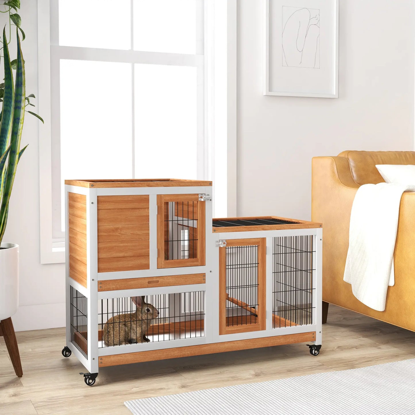 Wooden Rabbit Hutch, Indoor Bunny Cage with Wheels, Pull Out Trays, Yellow Rabbit Hutch at Gallery Canada