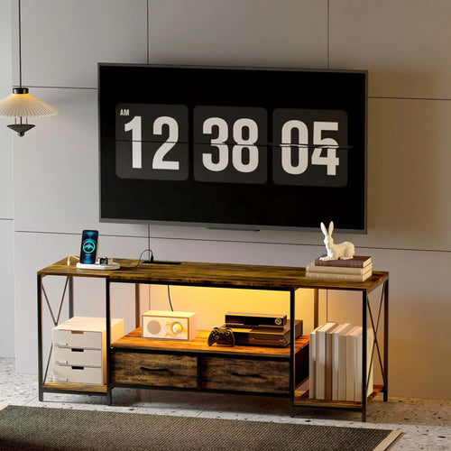 Industrial TV Stand For 55 Inch, Rustic Brown, Charging Station, RGB LED, Brown
