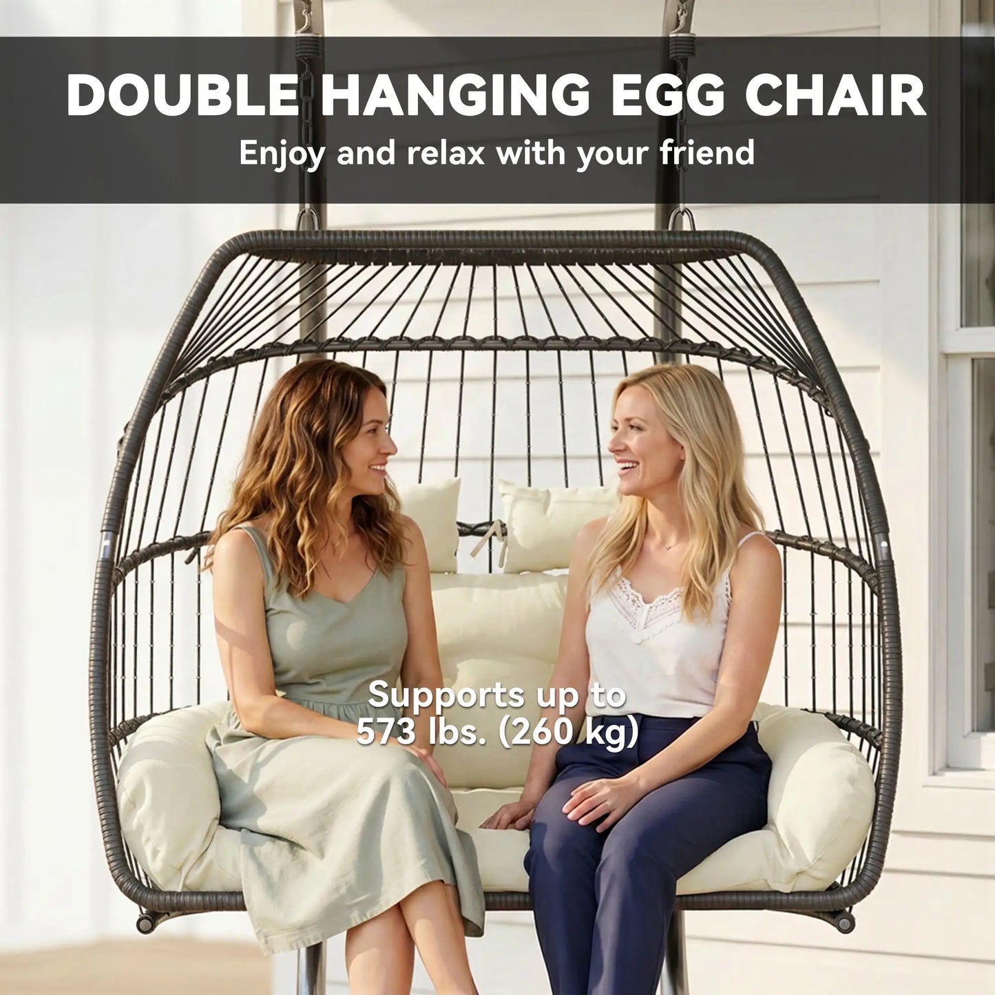 Double Wicker Egg Swing Chair, Foldable with Stand, UV Resistant Cushion, Cream White Patio Swings with Stand at Gallery Canada