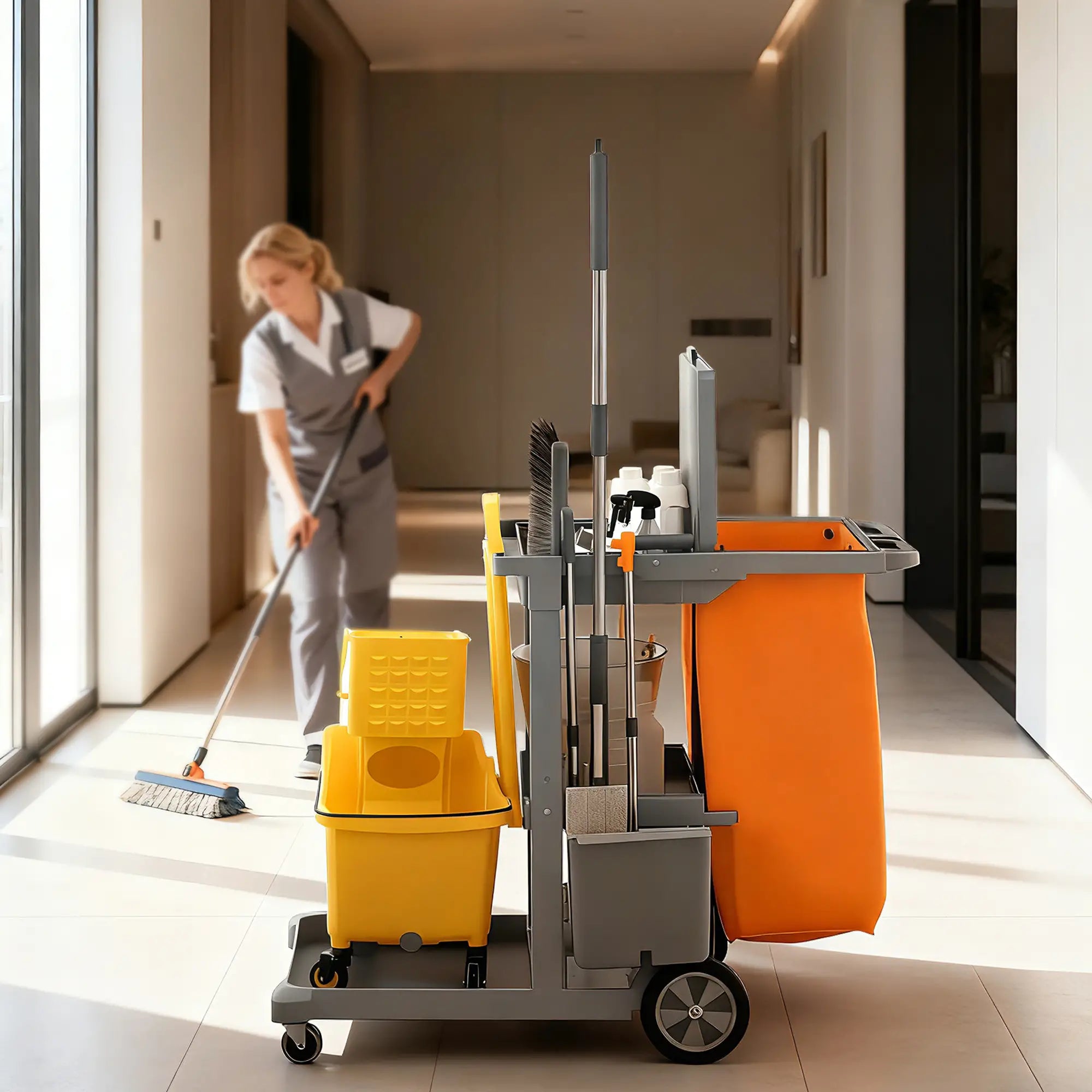 Commercial Janitorial Cart, 3 Tier Shelves, Grey Household Supplies at Gallery Canada