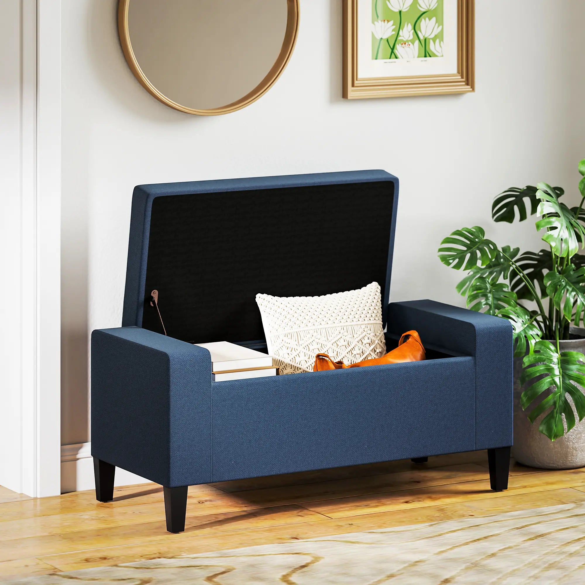 Storage Ottoman Bench, Linen Upholstered, Tufted, Dark Blue Storage Ottomans & Benches at Gallery Canada