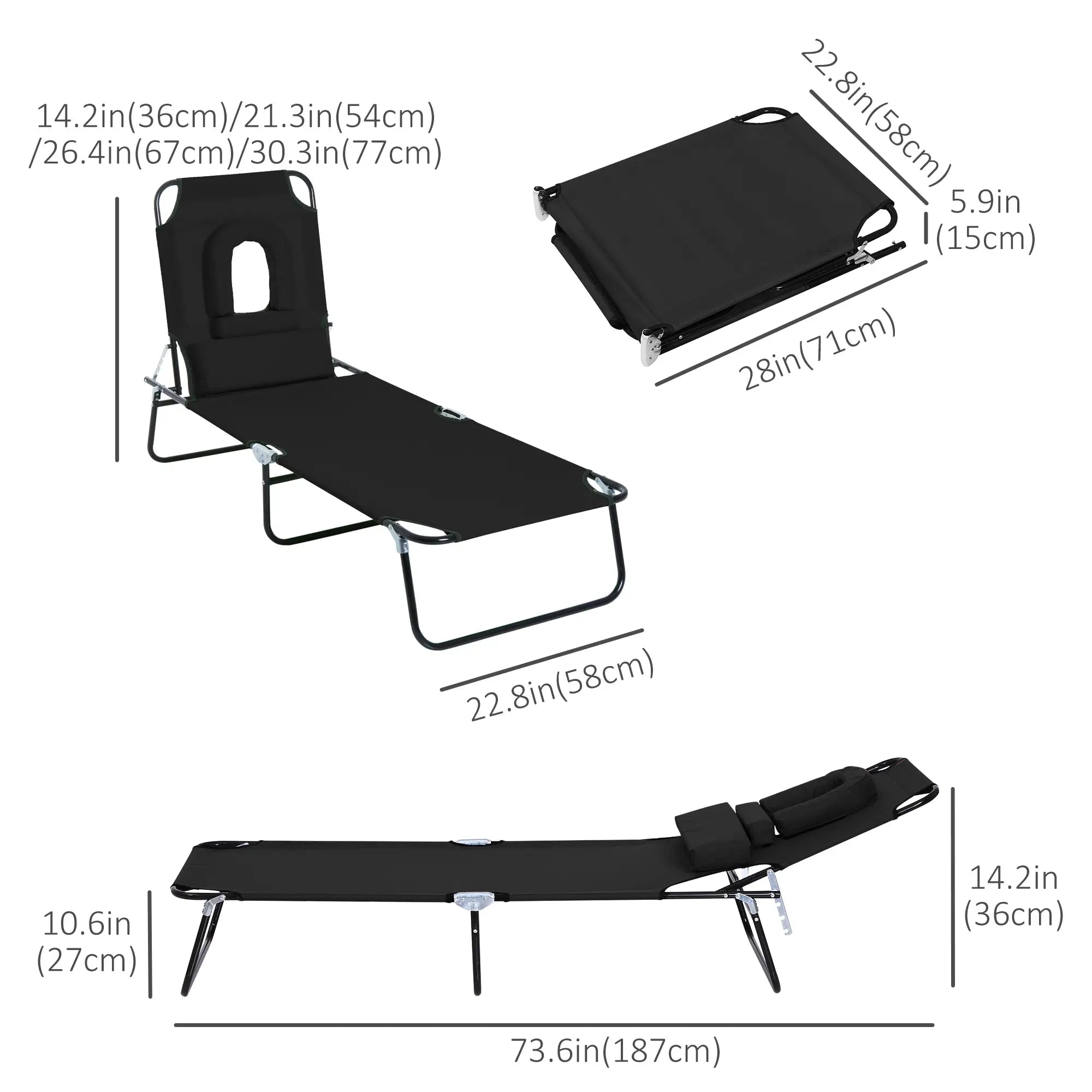 Adjustable Outdoor Lounge Chair, Folding Chaise with Face Hole, Black Lounger Chairs at Gallery Canada