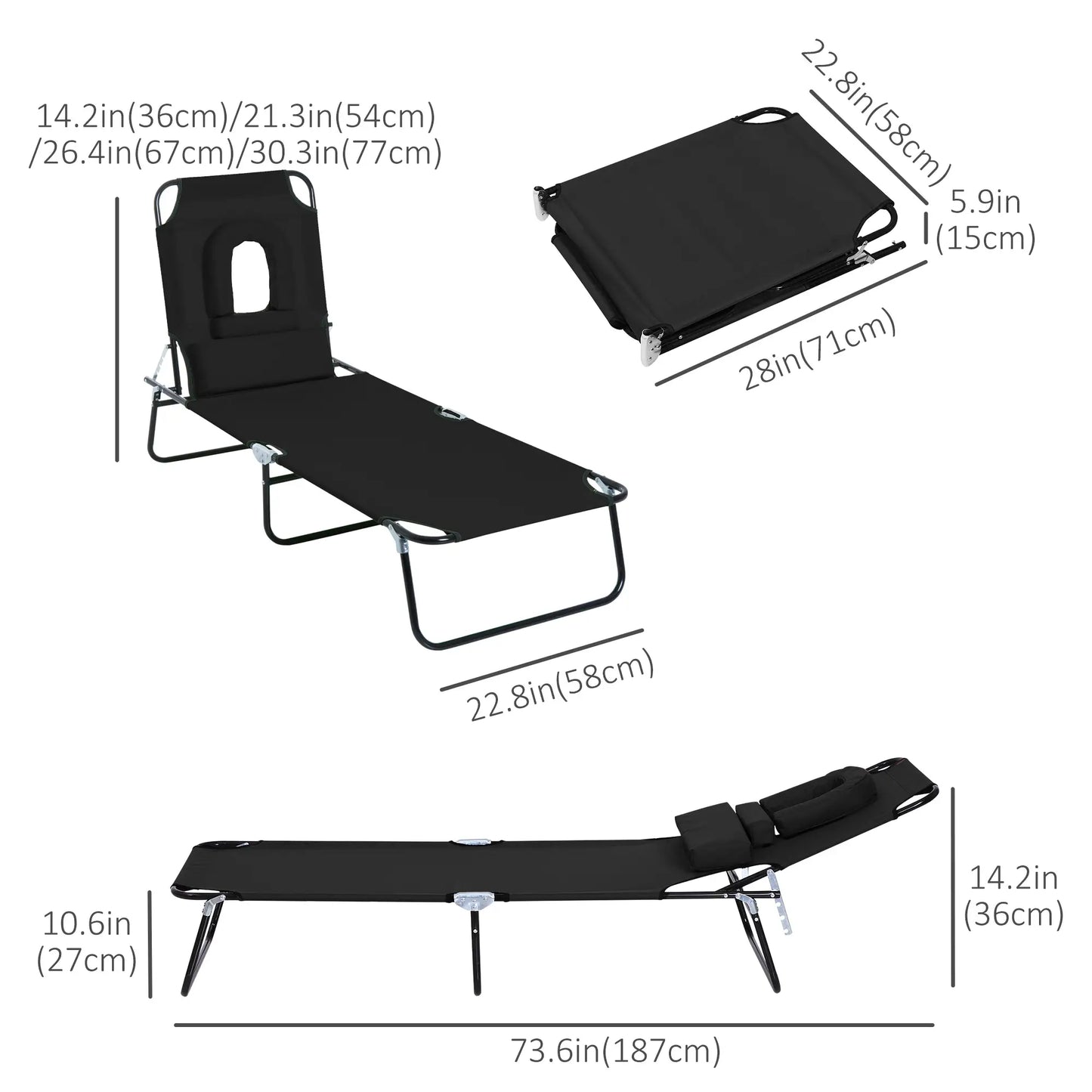 Adjustable Outdoor Lounge Chair, Folding Chaise with Face Hole, Black Lounger Chairs at Gallery Canada