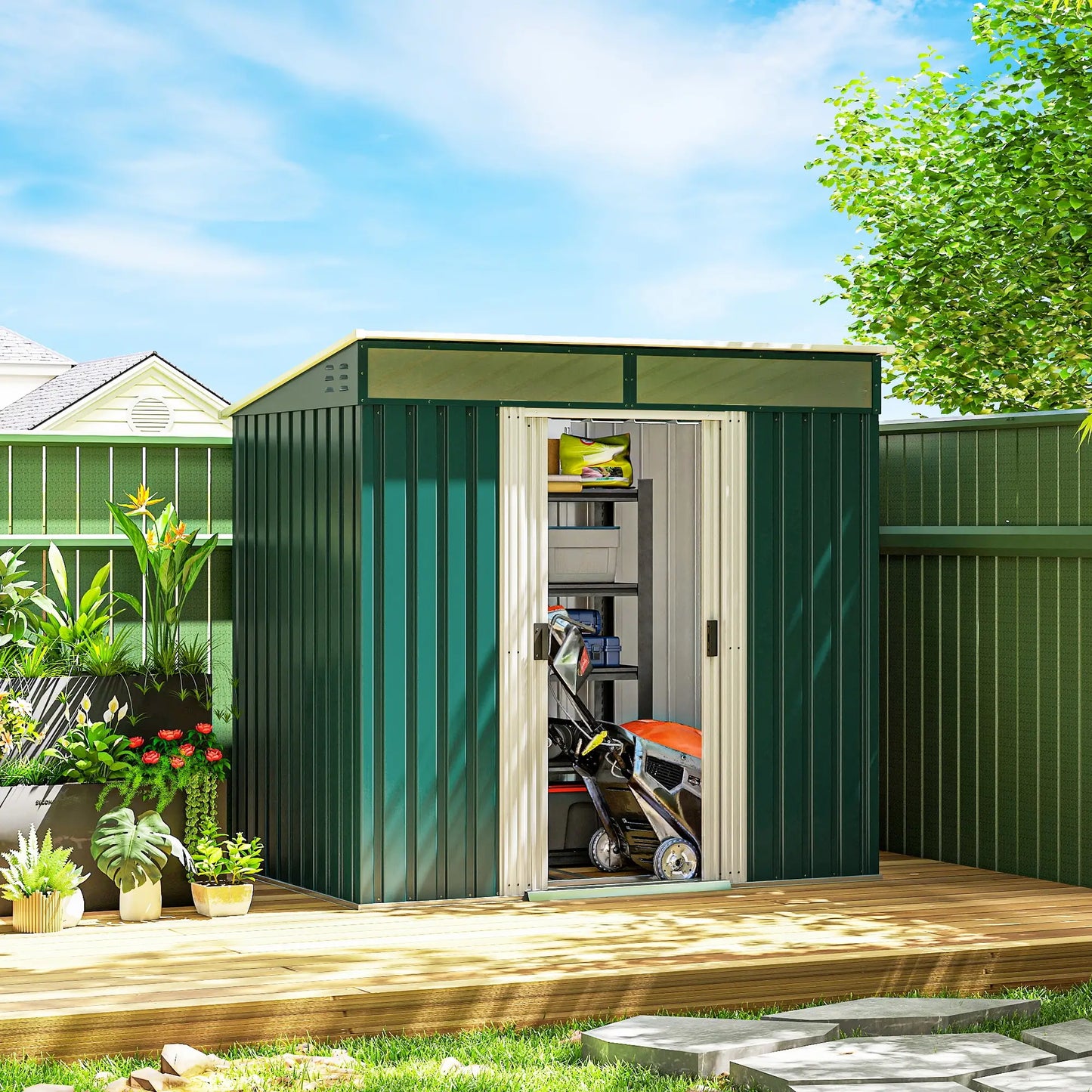 6.5x4FT Galvanised Metal Shed, Foundation Kit, Sliding Doors, Vents, Green Sheds at Gallery Canada