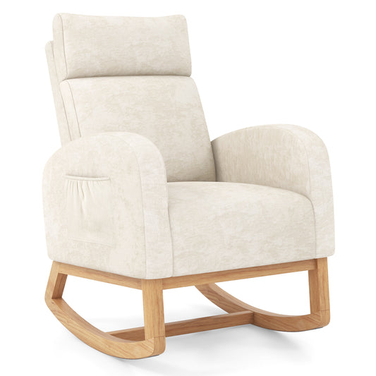 Nursery Rocking Chair Upholstered Chenille Rocker Armchair with Natural Rubber Wood Frame, Beige Accent Chairs Beige at Gallery Canada