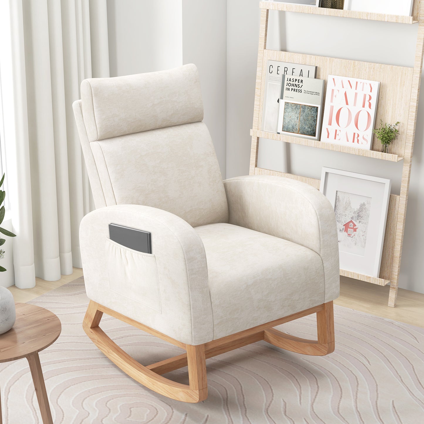 Nursery Rocking Chair Upholstered Chenille Rocker Armchair with Natural Rubber Wood Frame, Beige Accent Chairs at Gallery Canada
