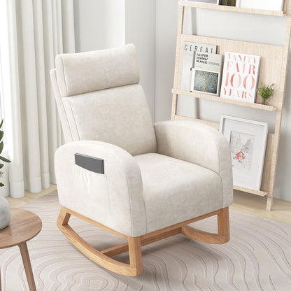Nursery Rocking Chair Upholstered Chenille Rocker Armchair with Natural Rubber Wood Frame, Beige Accent Chairs at Gallery Canada