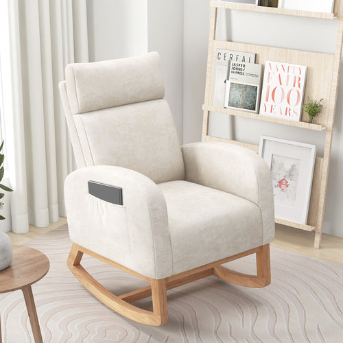 Nursery Rocking Chair Upholstered Chenille Rocker Armchair with Natural Rubber Wood Frame, Beige