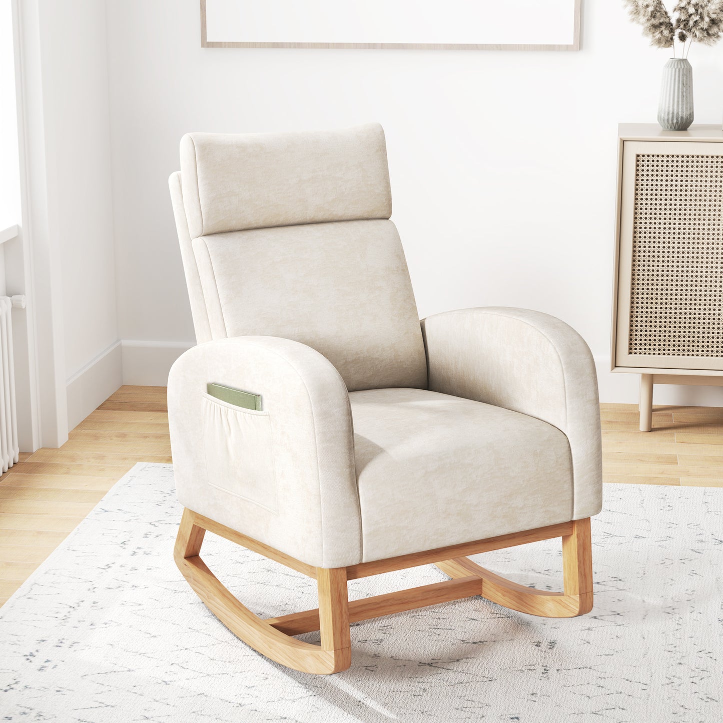 Nursery Rocking Chair Upholstered Chenille Rocker Armchair with Natural Rubber Wood Frame, Beige Accent Chairs at Gallery Canada