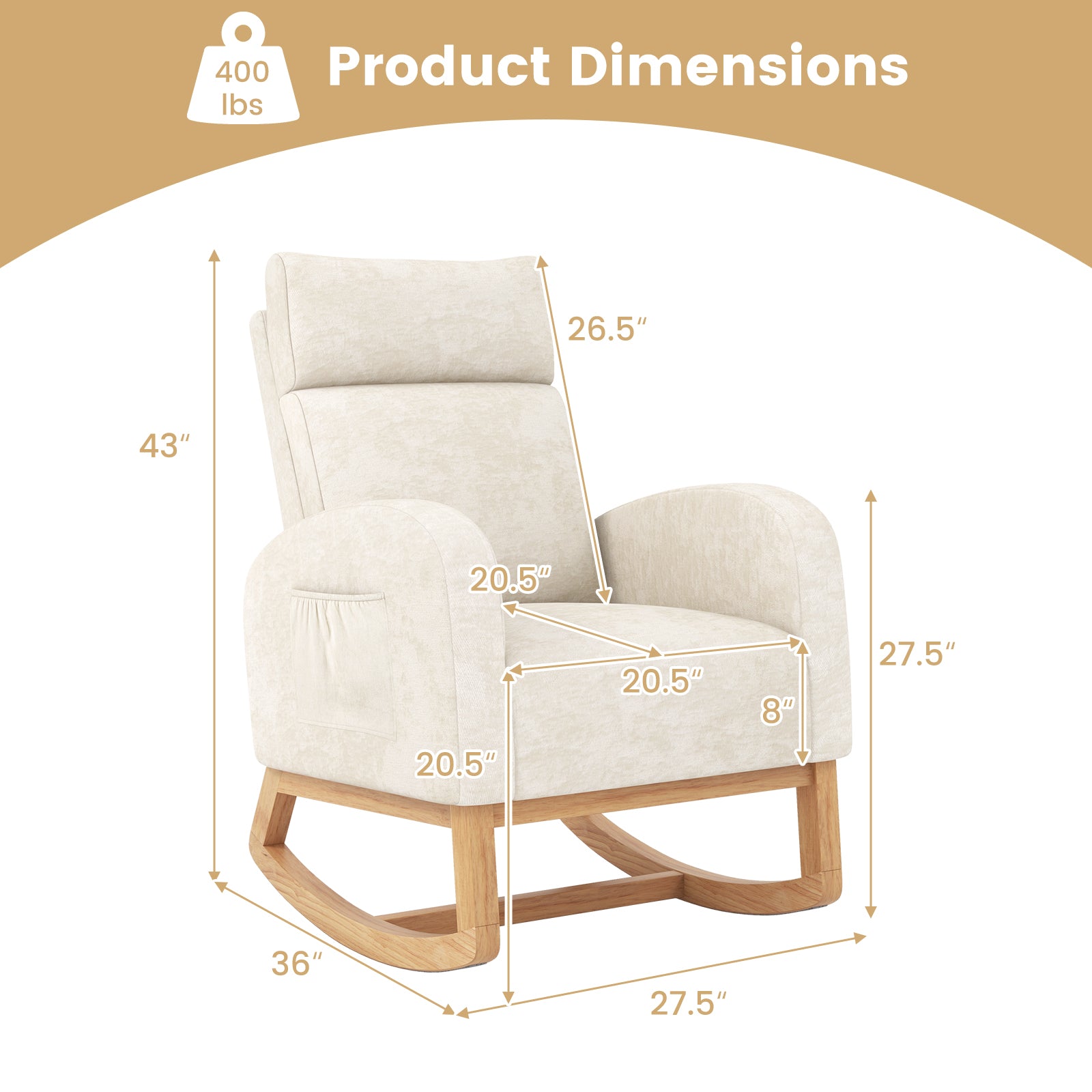 Nursery Rocking Chair Upholstered Chenille Rocker Armchair with Natural Rubber Wood Frame, Beige Accent Chairs at Gallery Canada