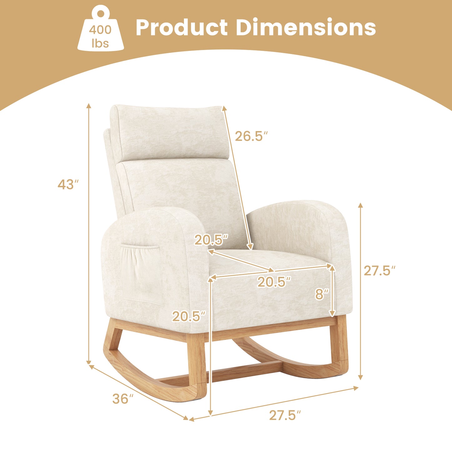 Nursery Rocking Chair Upholstered Chenille Rocker Armchair with Natural Rubber Wood Frame, Beige Accent Chairs at Gallery Canada