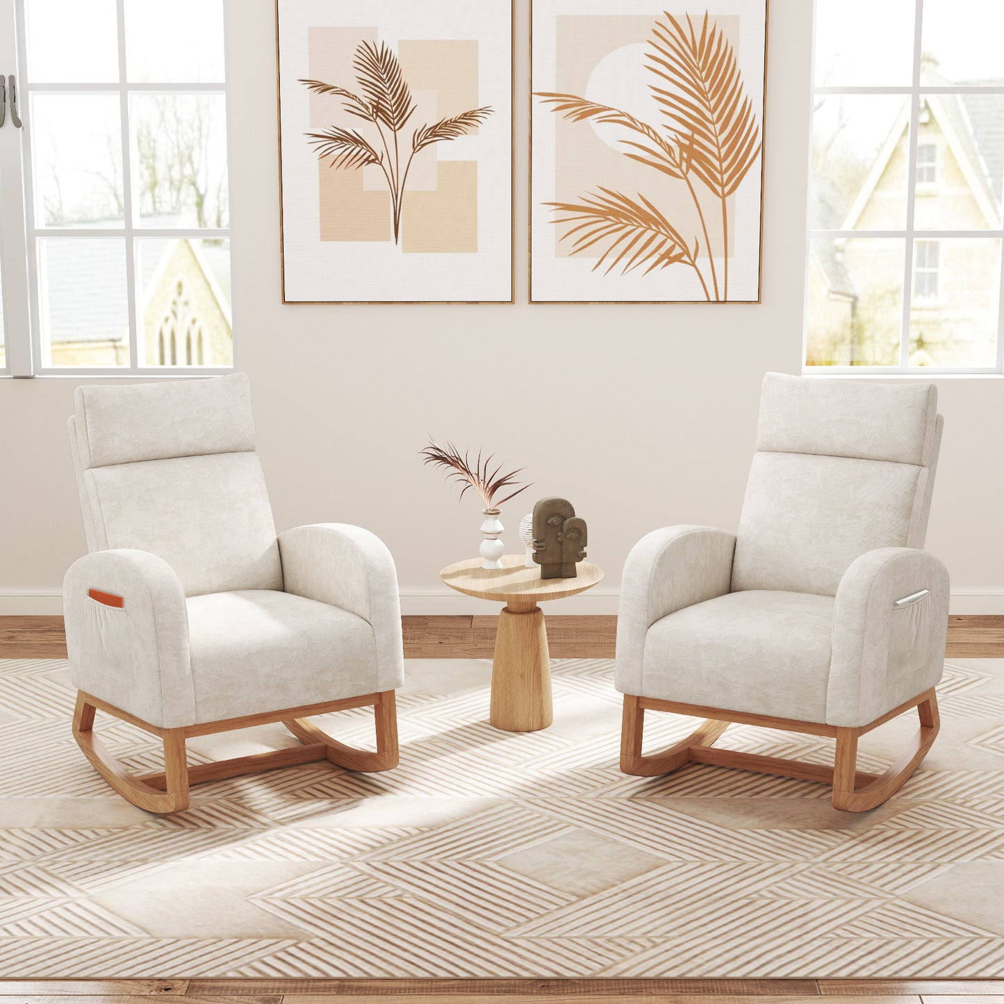 Nursery Rocking Chair Upholstered Chenille Rocker Armchair with Natural Rubber Wood Frame, Beige Accent Chairs at Gallery Canada