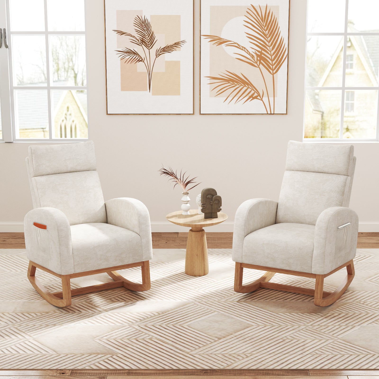 Nursery Rocking Chair Upholstered Chenille Rocker Armchair with Natural Rubber Wood Frame, Beige Accent Chairs at Gallery Canada